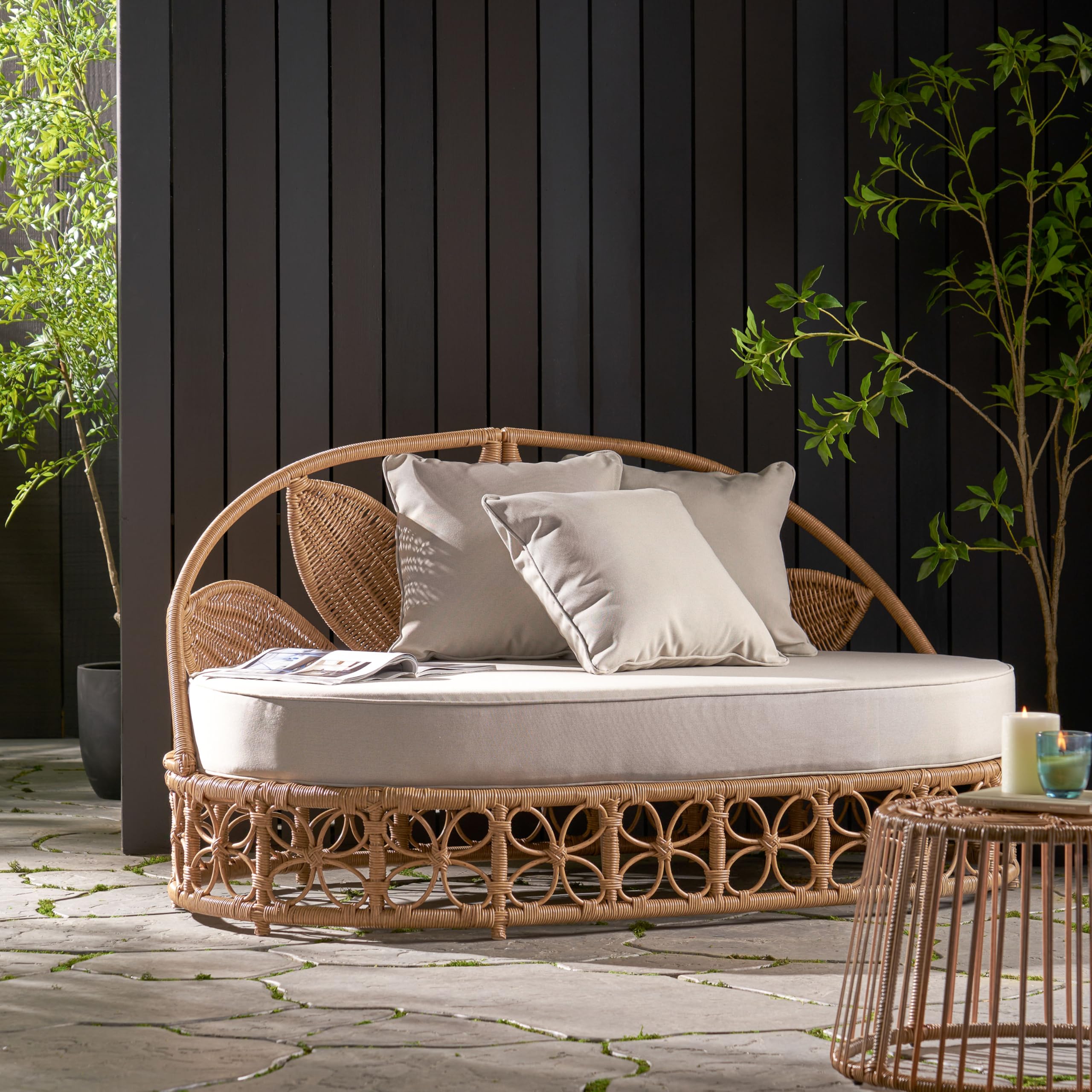 Merax Outdoor Wicker Daybed with Water Resistant Cushion and 3 Throw Pillows, Boho Patio 60" Rattan Sun Day Bed for Lawn Garden Backyard Pool, All-Weather, Light Brown