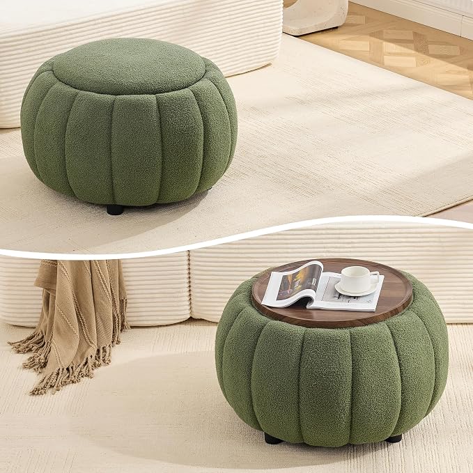 Beige Round Storage Ottoman