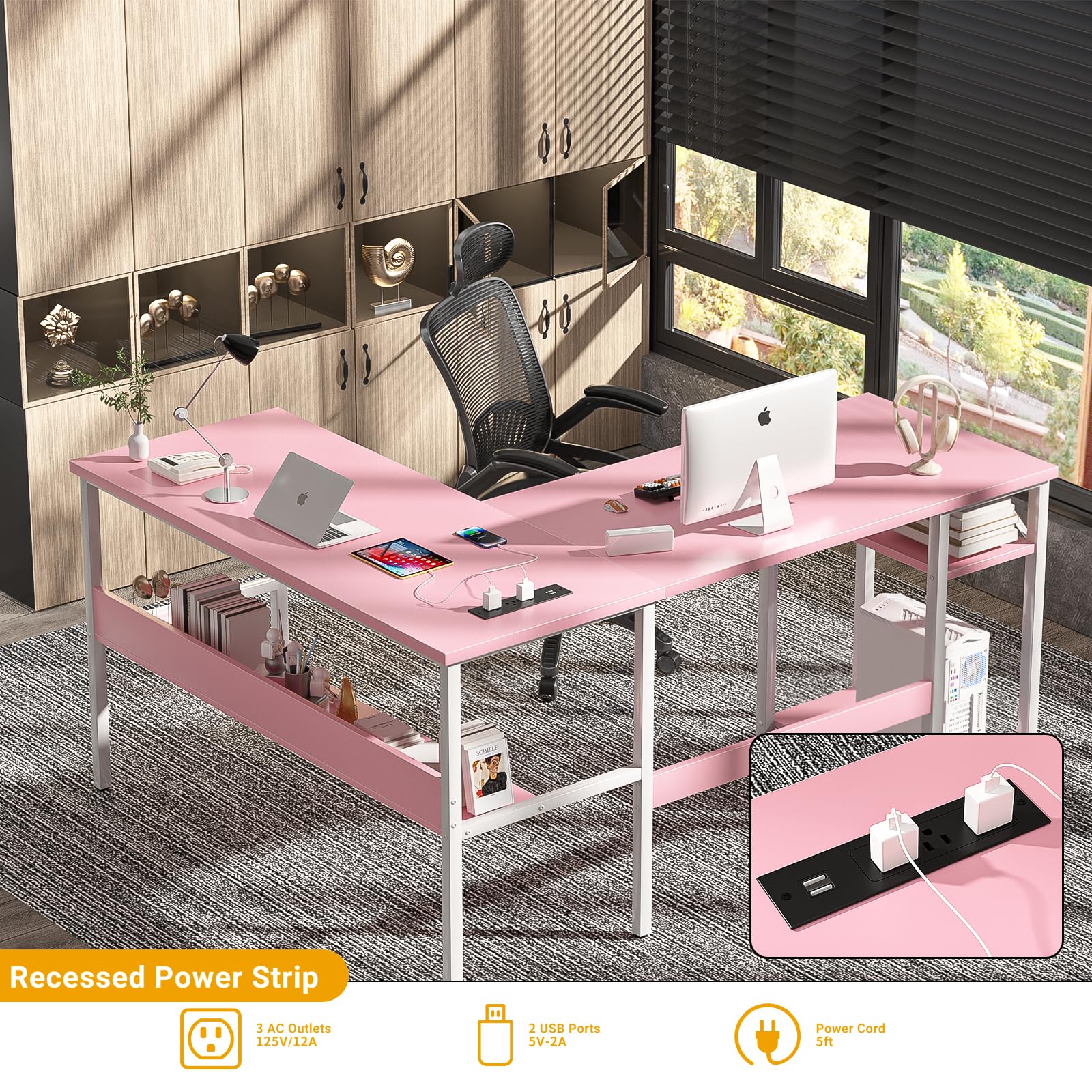 Unikito Reversible L Shaped Desk with Magic Power Outlets and USB Charging Ports, Sturdy Corner Computer Desk with Storage Shelves, Gaming Table Home Office Desk, Easy to Assemble, Pink
