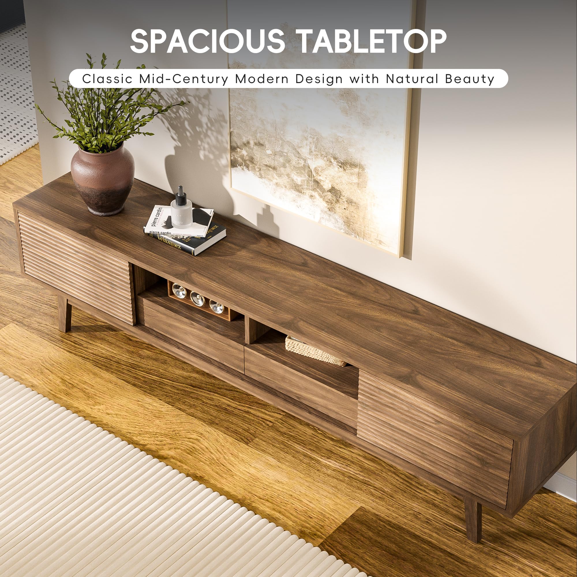 MU 70 Inch TV Stand for TVs up to 80 Inch, Mid Century Modern TV Console with Fluted Sliding Doors, Shelves & Drawers, Low Profile Entertainment Center for Living Room (Walnut, 70")