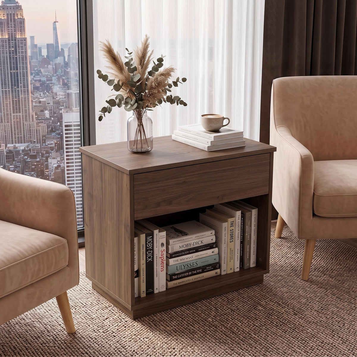 HIPIHOM 31.5" Wide Walnut Nightstand with Drawer and Open Shelf for Bedroom