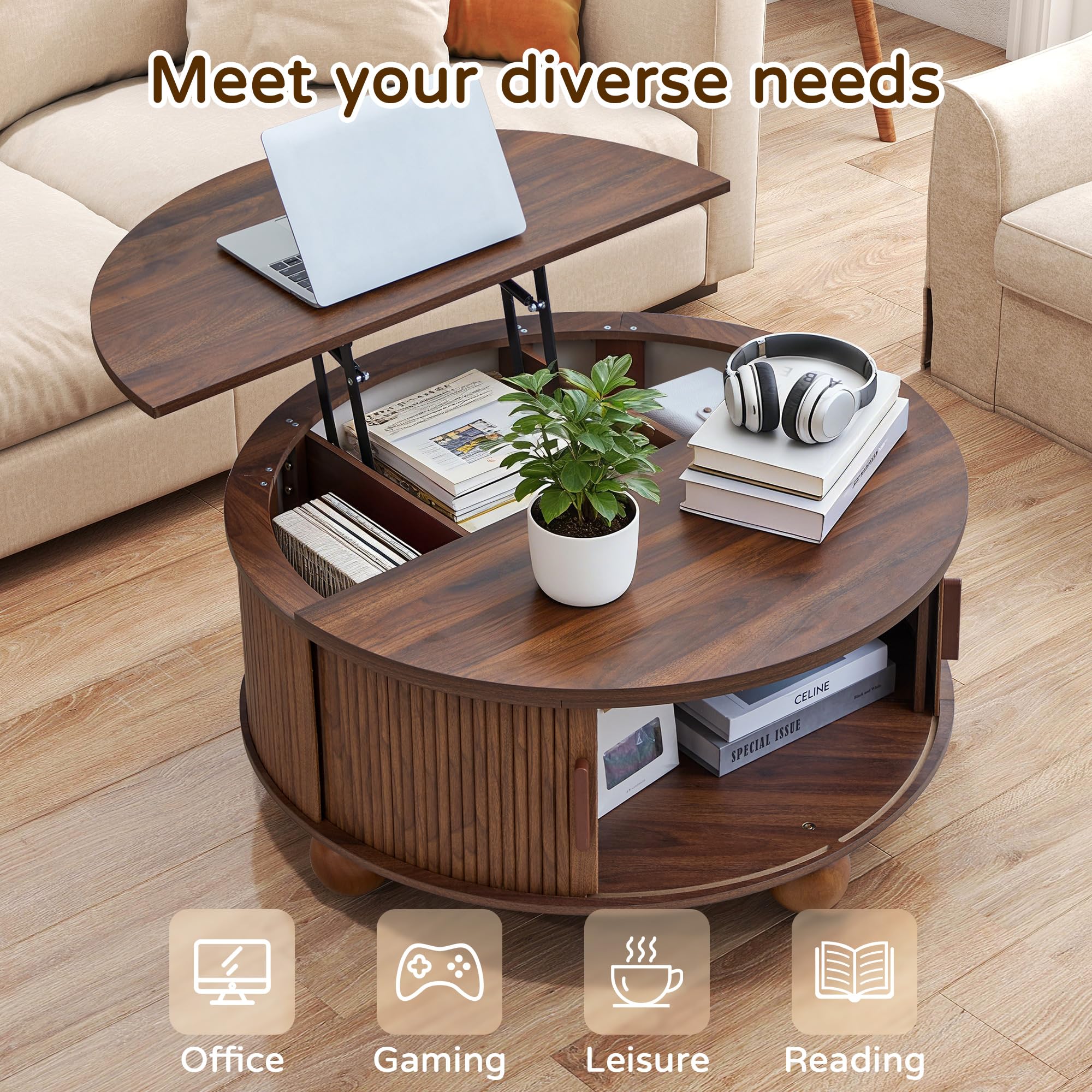 SUJOUCRAFT 33.5" Round Lift-Top Coffee Table with Storage, Mid-Century Wood Fulted Coffee Table with Sliding Door & Ball Legs, Living Room Center Drum Table for Apartment Living Room (Brown)