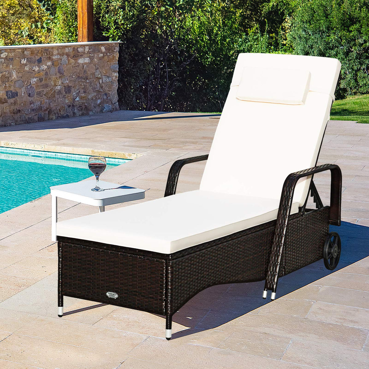 HAPPYGRILL Patio Chaise Lounge Outdoor Rattan Wicker Recliner Lounger Chair with Cushion and Wheels for Balcony Garden Poolside