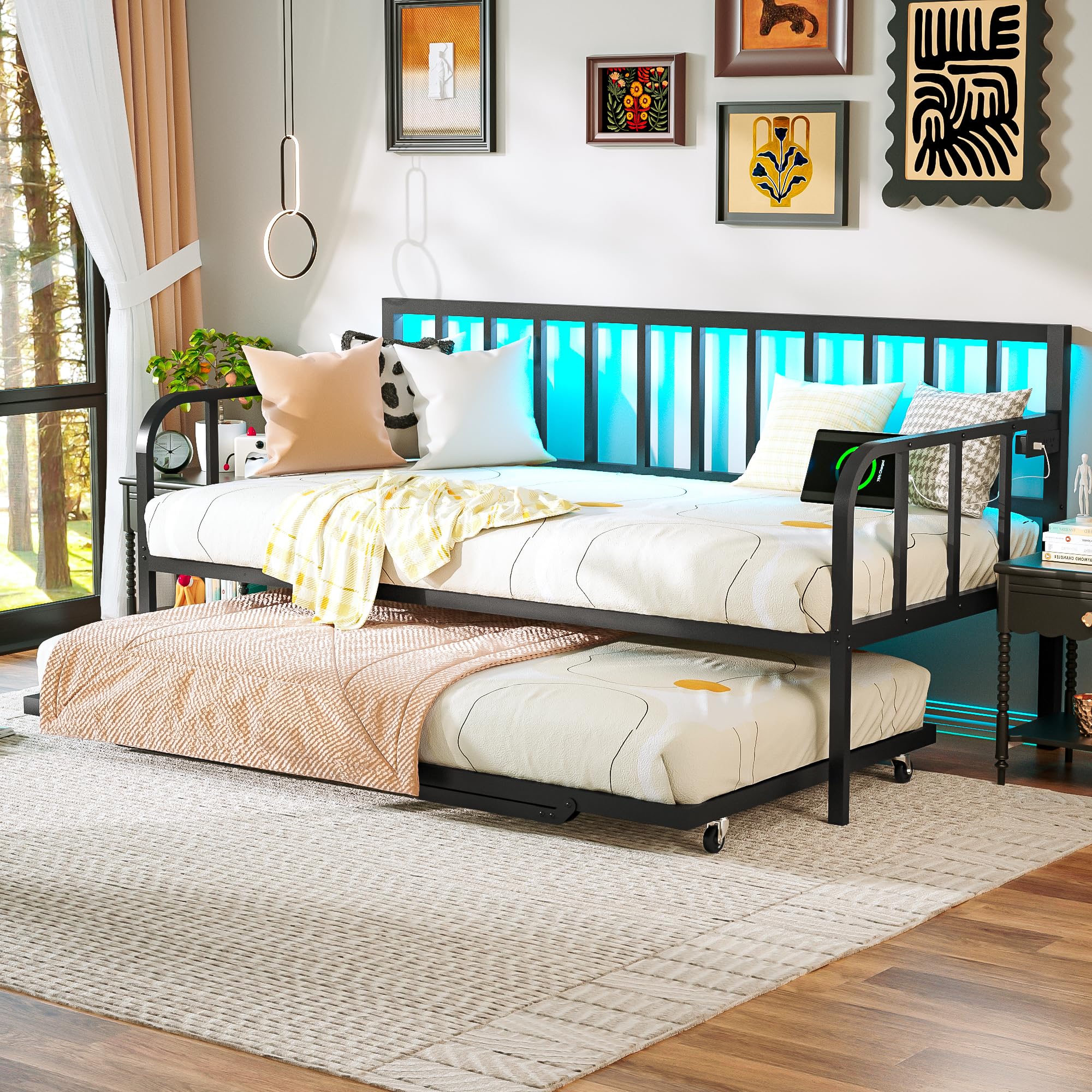 Twin Daybed with Pop-Up Trundle & LED Lights