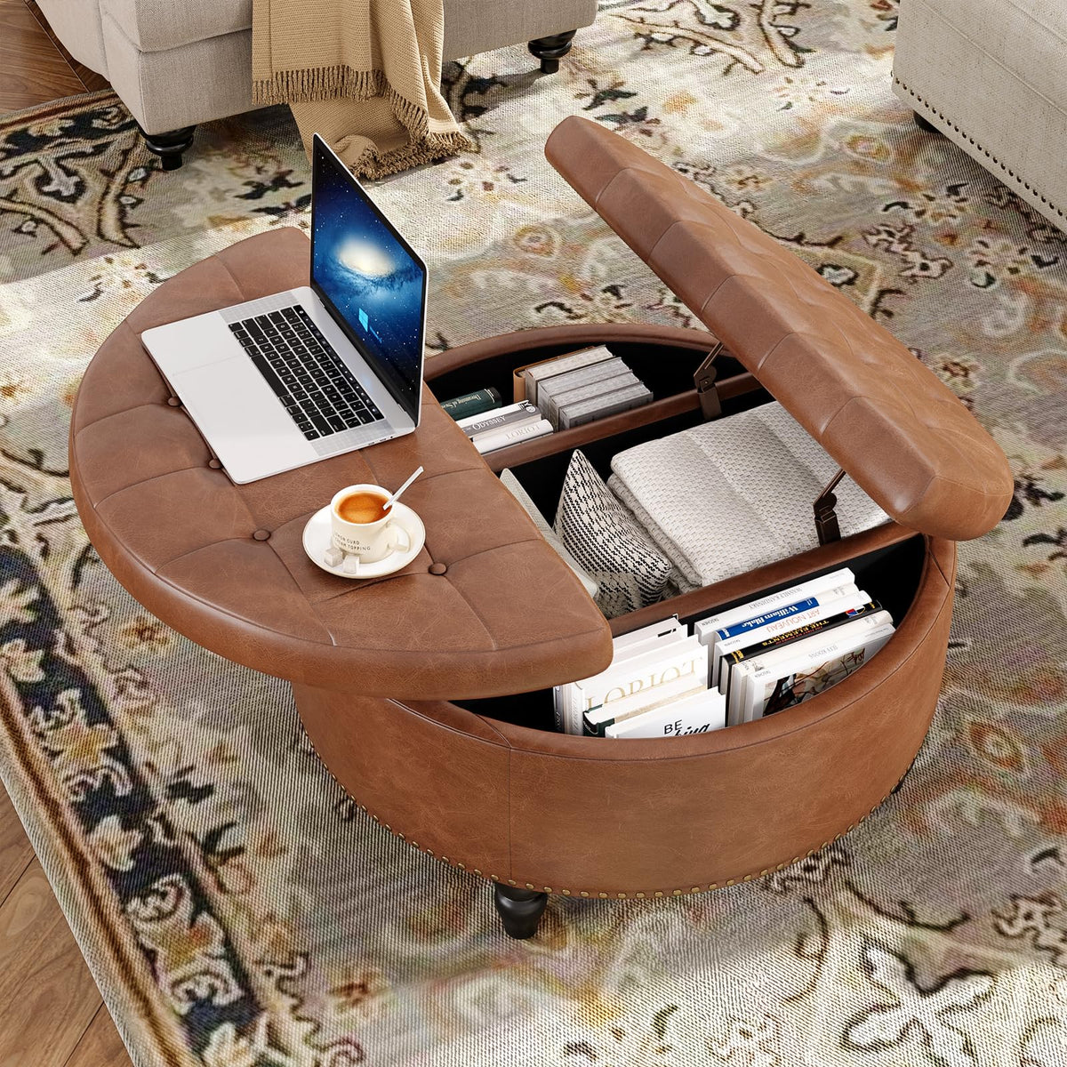 FiveWillowise 31.5 Inch Large Round Ottoman with Storage Circular,Brown