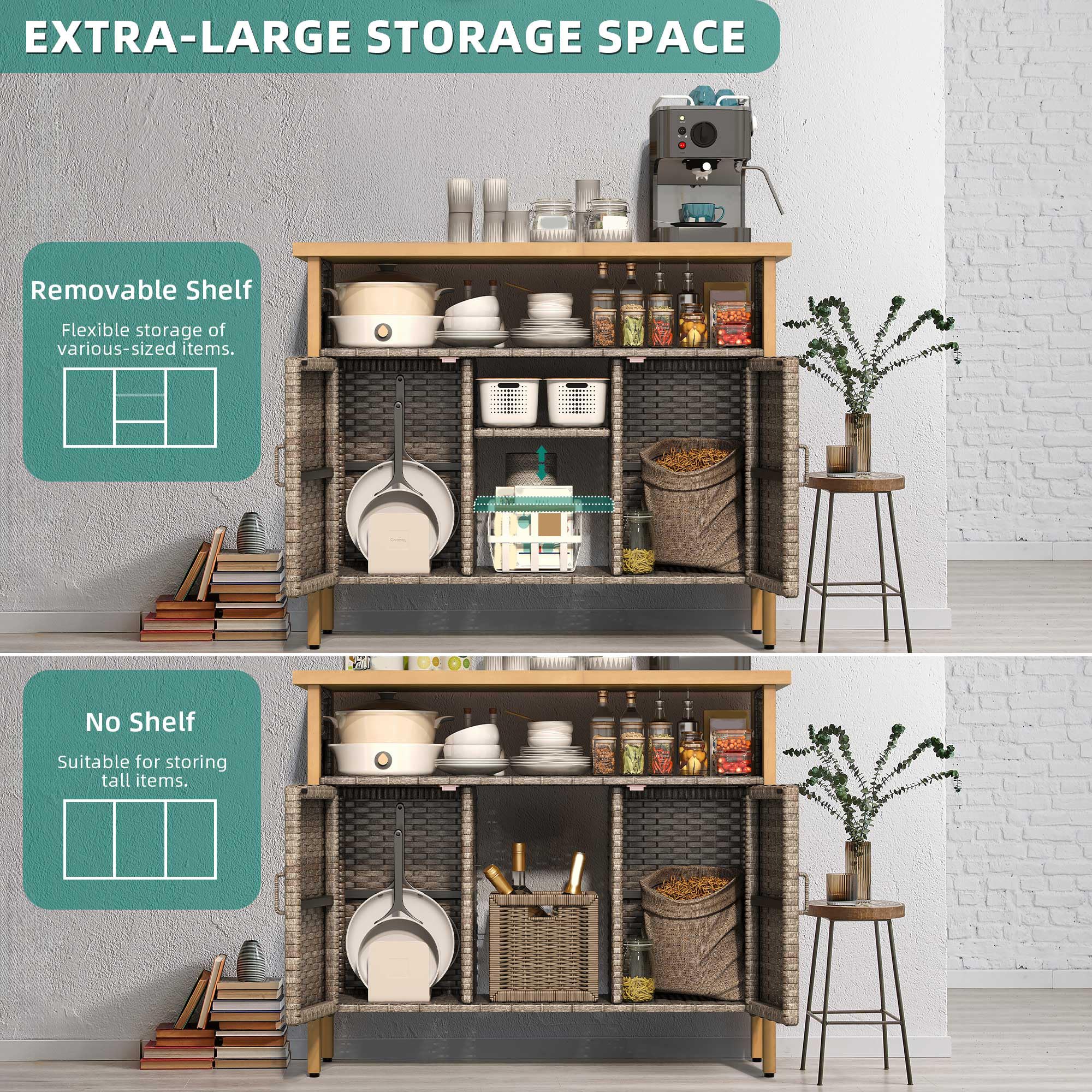 Outdoor Wicker Storage Cabinet with Adjustable Shelves