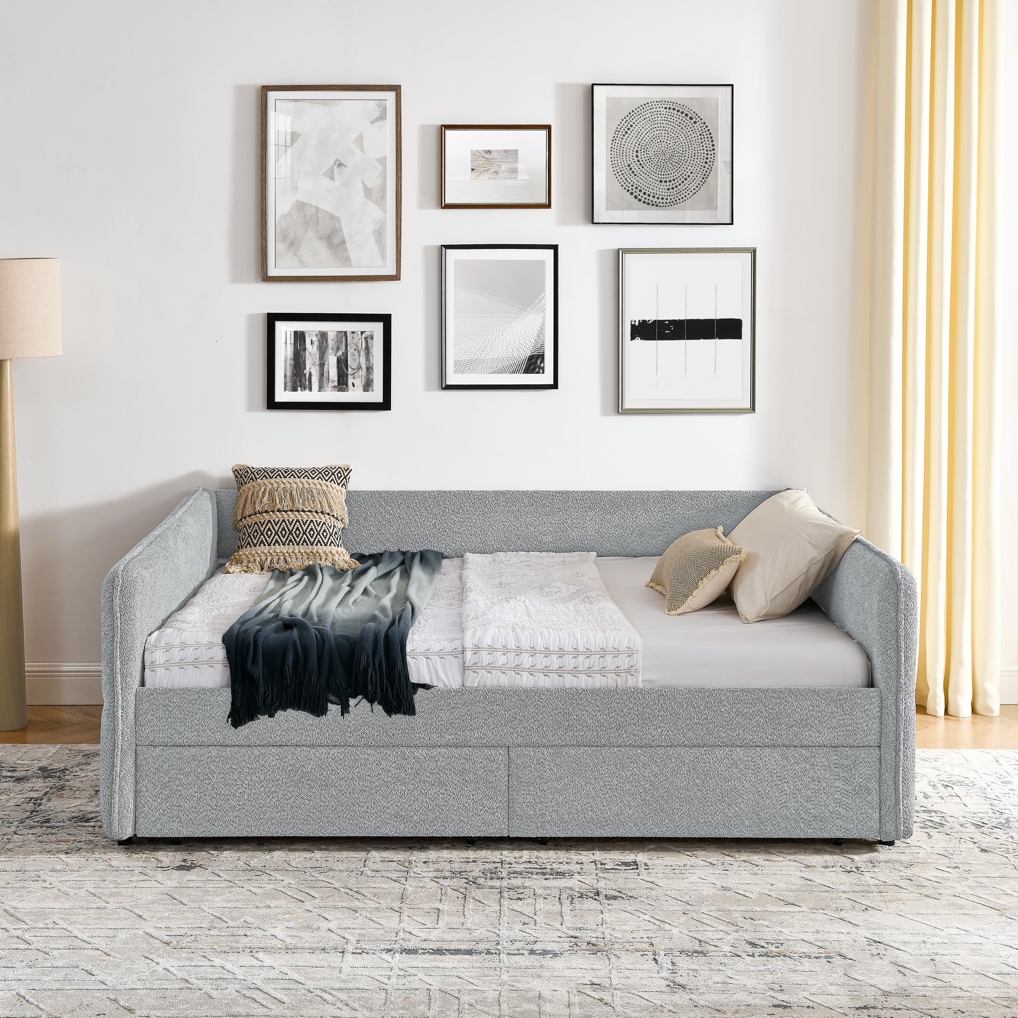 Ball & Cast Queen Size Daybed with Storage Drawers, Upholstered Day Bed Frame with Wood Slats Supports, No Box Spring Needed,Easy Assembly,Boucle Fabric,Grey