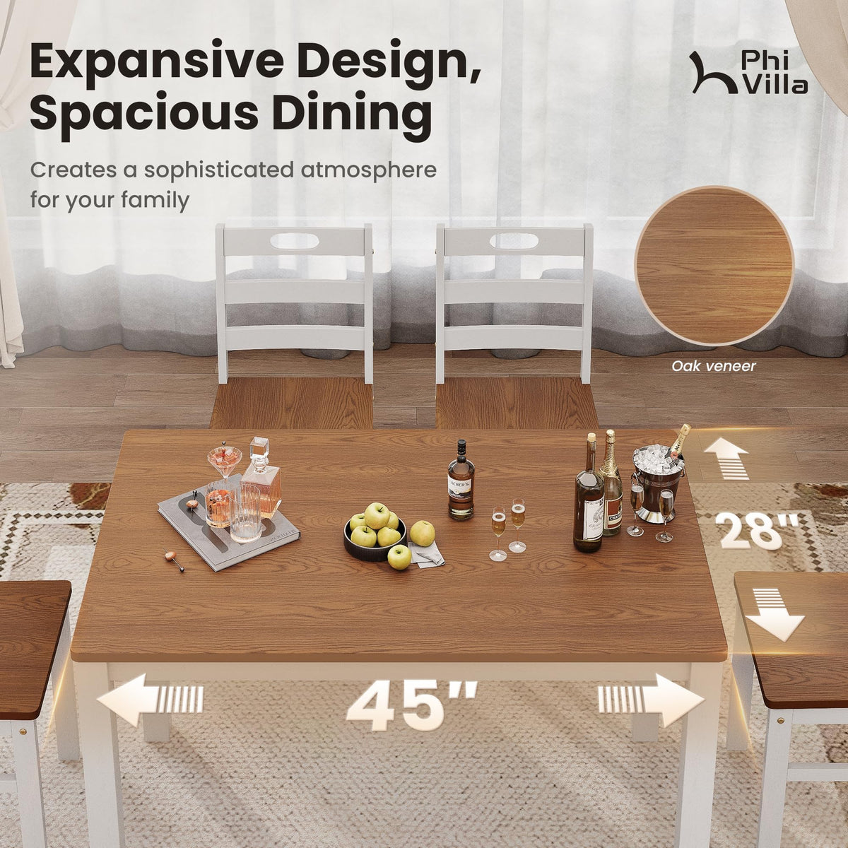 PHI VILLA Dining Table Set for 4, Solid Wood Kitchen Table and Chairs