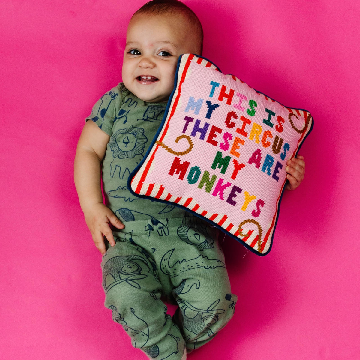 FURBISH This is My Circus These are My Monkeys Needlepoint Pillow