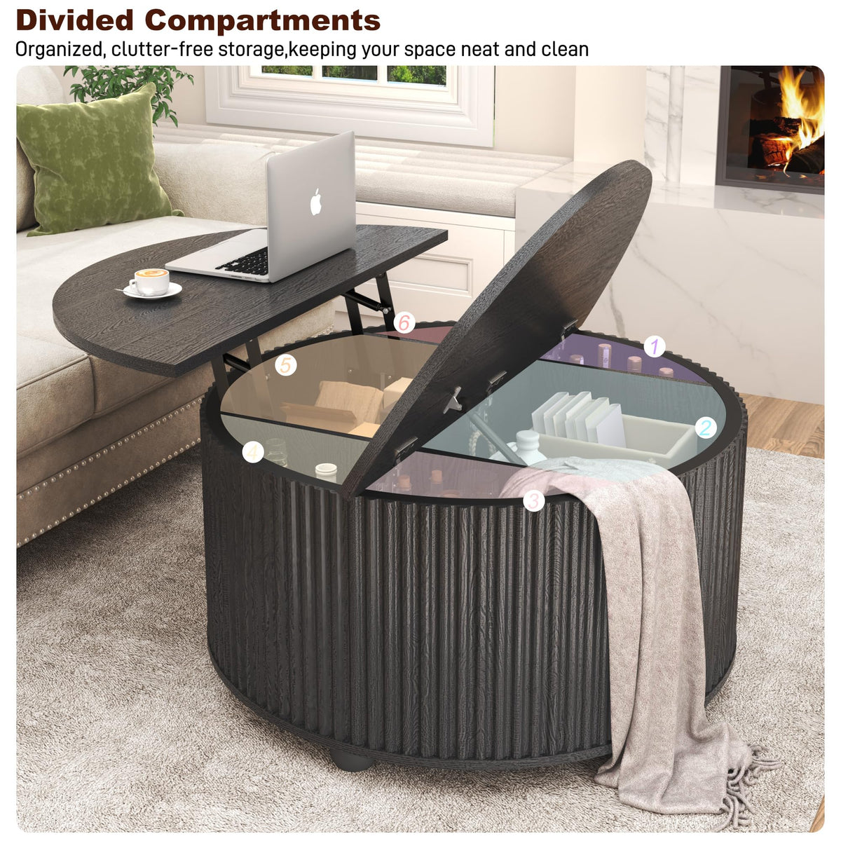 Lift Top Coffee Table w/Storage for Living Room, 35" Modern Round Fluted Coffee Tables w/Large Hidden Space, Wood Living Room Table w/Gas Lift, Center Table for Bedroom, Home Office,Black