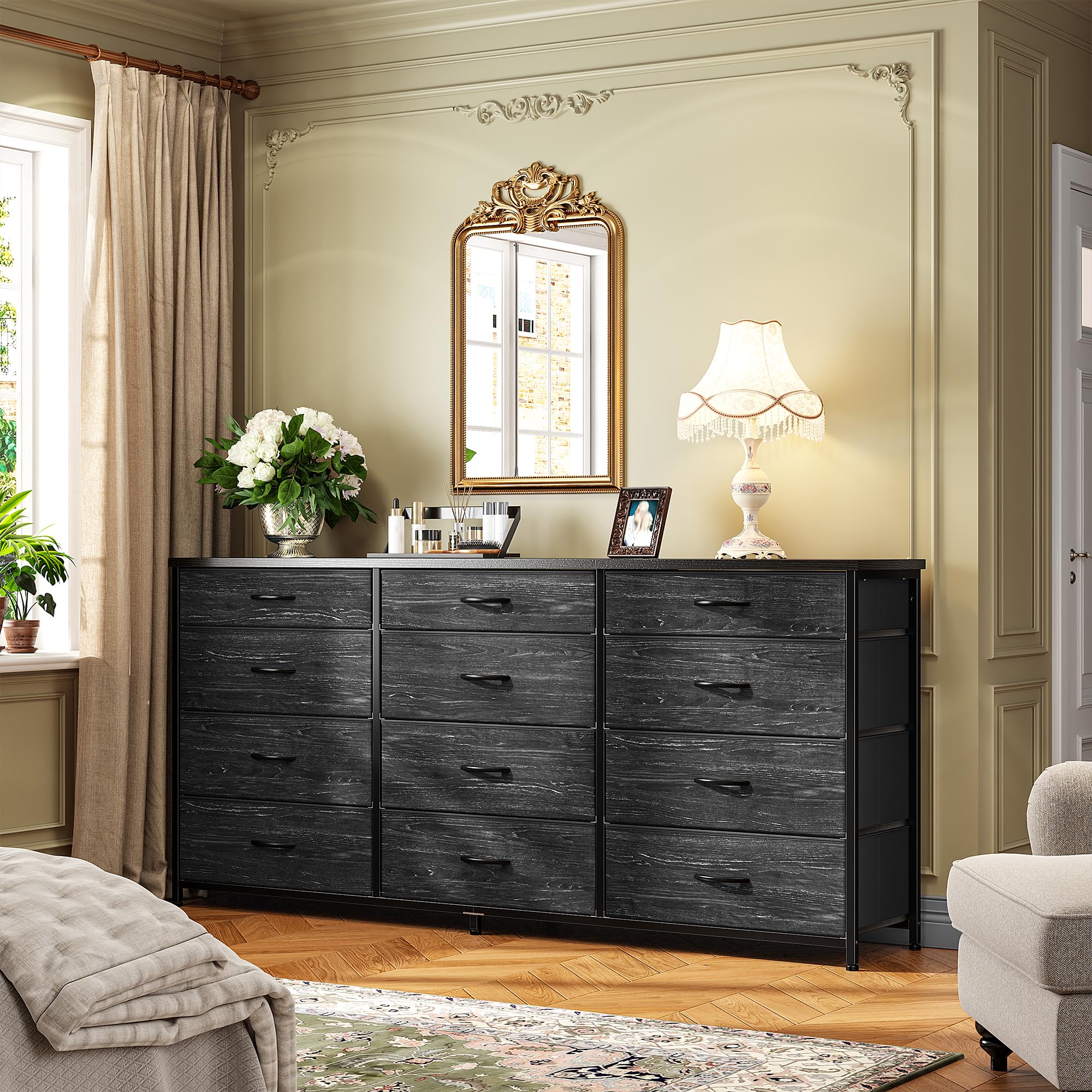 12-Drawer Long Dresser with Metal Frame and Wood Top