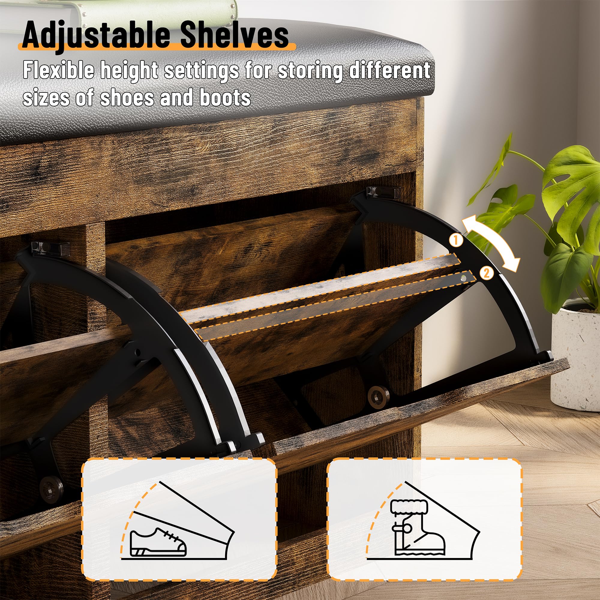 Entryway Shoe Storage Bench with Flip Drawers & Padded Seat