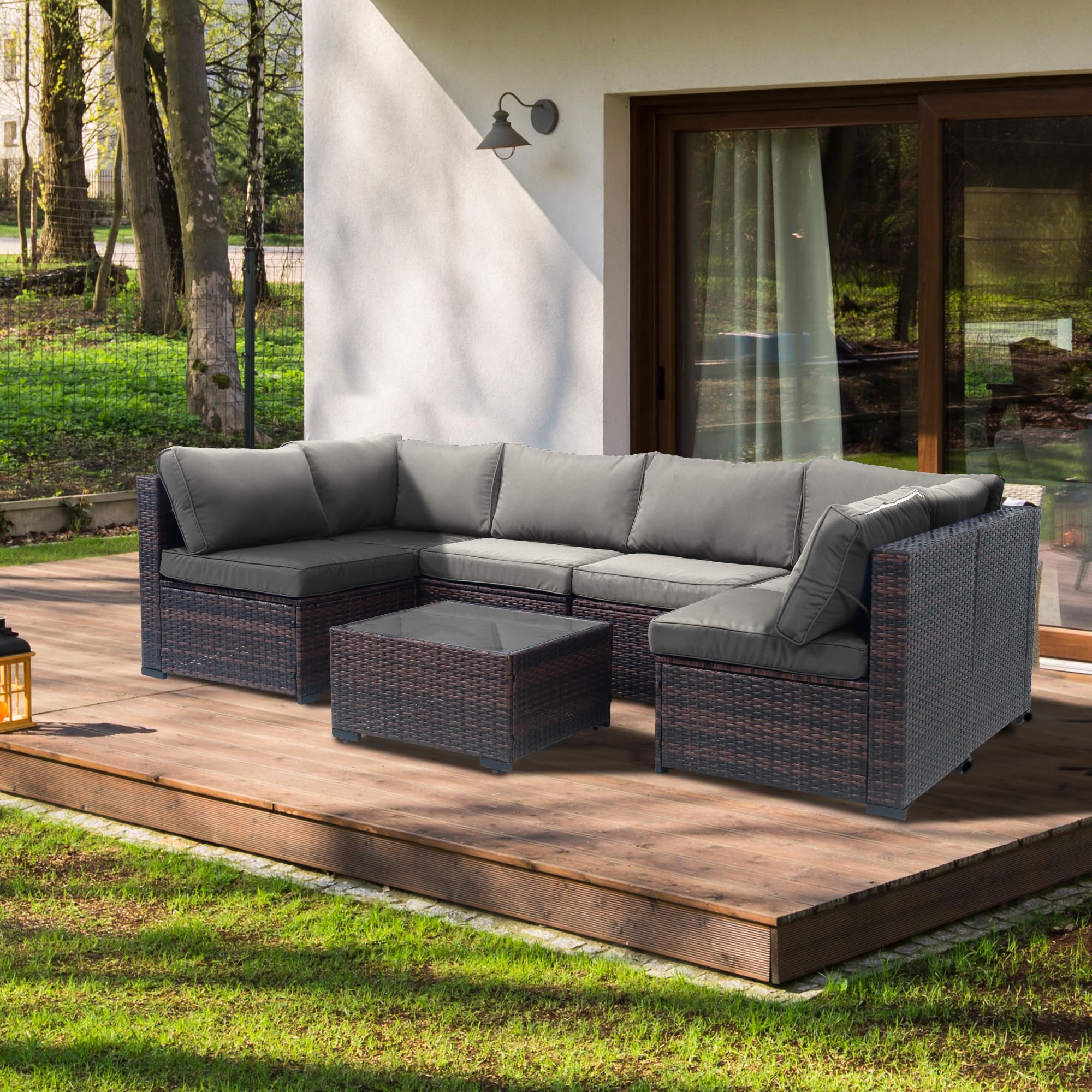 7-Piece Outdoor Sectional Sofa Set with Glass Table & Rain Cover