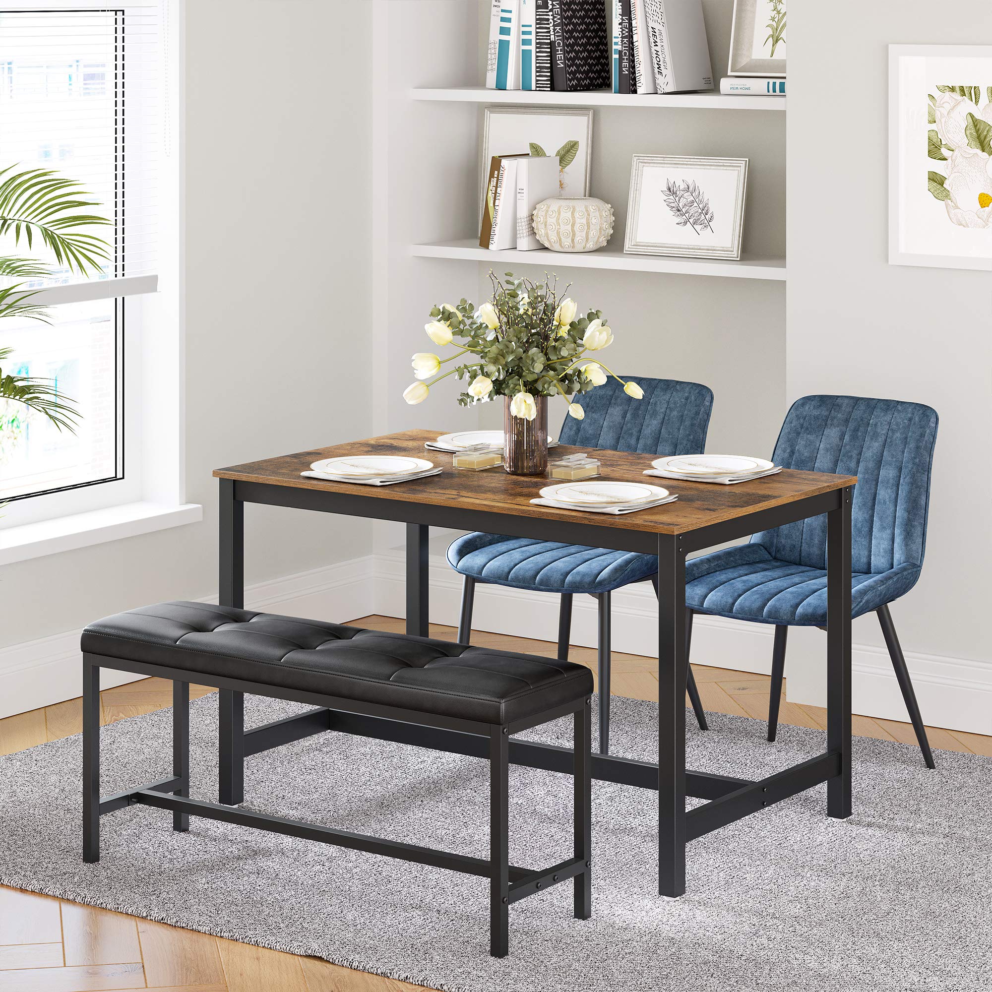 VASAGLE Dining Table Bench, Ottoman Bench with PU Leather Padded Seat, Steel Frame, 42.5 x 12.8 x 18.9 Inches, for Dining Room, Living Room, Hallway, Bedroom, Black UKTB034B81