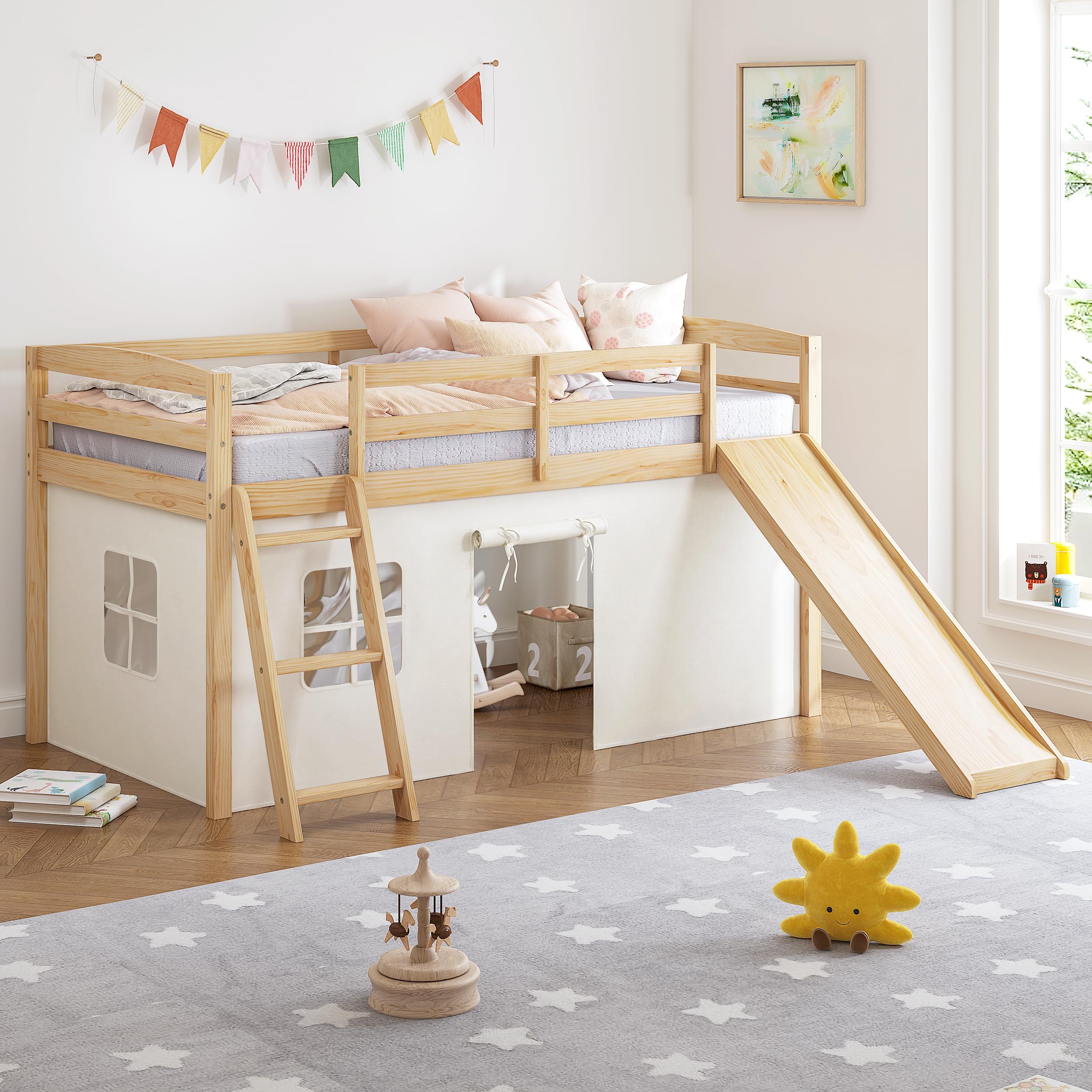 Kids Loft Bed with Slide & Tent