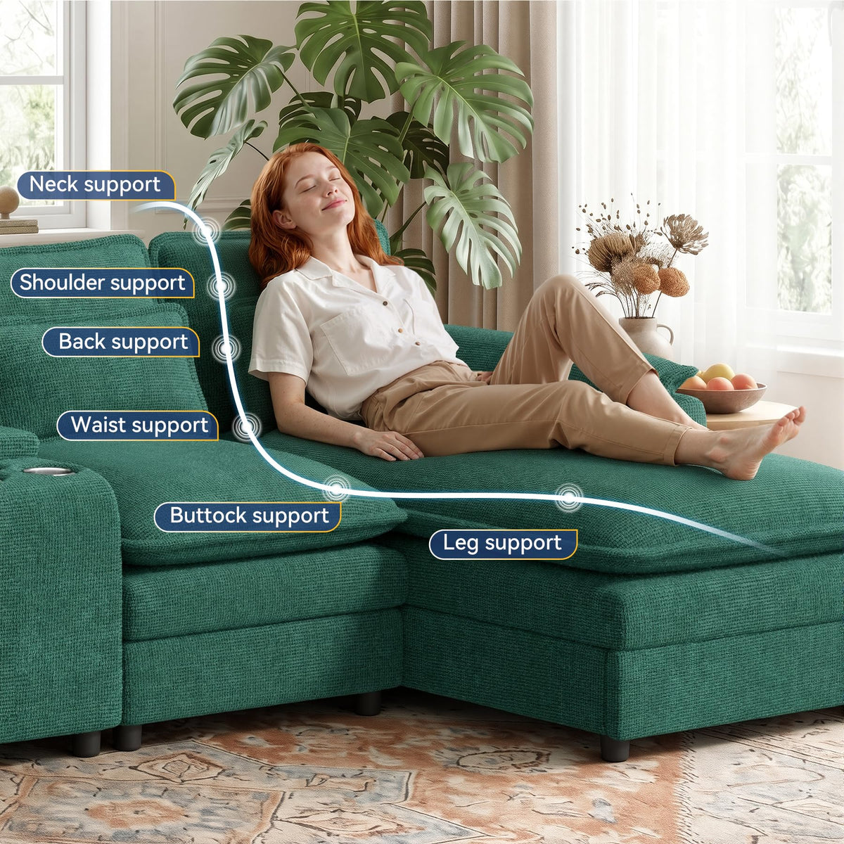 134" U Shaped Modular Sectional Sofa, Oversized Cloud Couch with Double Chaise Lounge, Storage Console, Cup Holders & USB Port, Comfy Chenille Deep Seat Couch Set for Living Room, Green