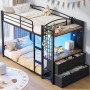 Jocoevol Low Bunk Bed Twin Over Twin for Kids with 6 Storage Drawers & Desk
