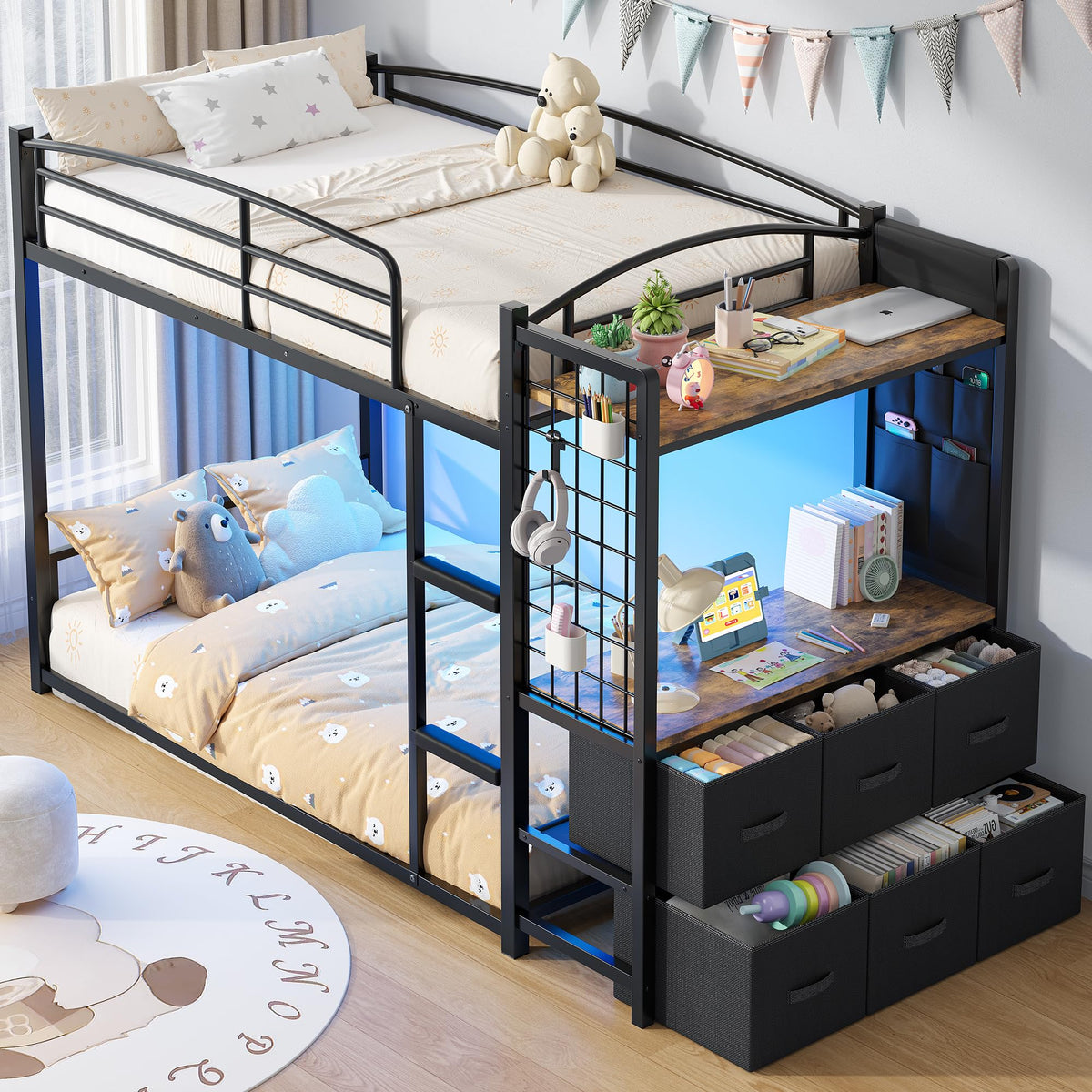 Jocoevol Low Bunk Bed Twin Over Twin for Kids with 6 Storage Drawers & Desk