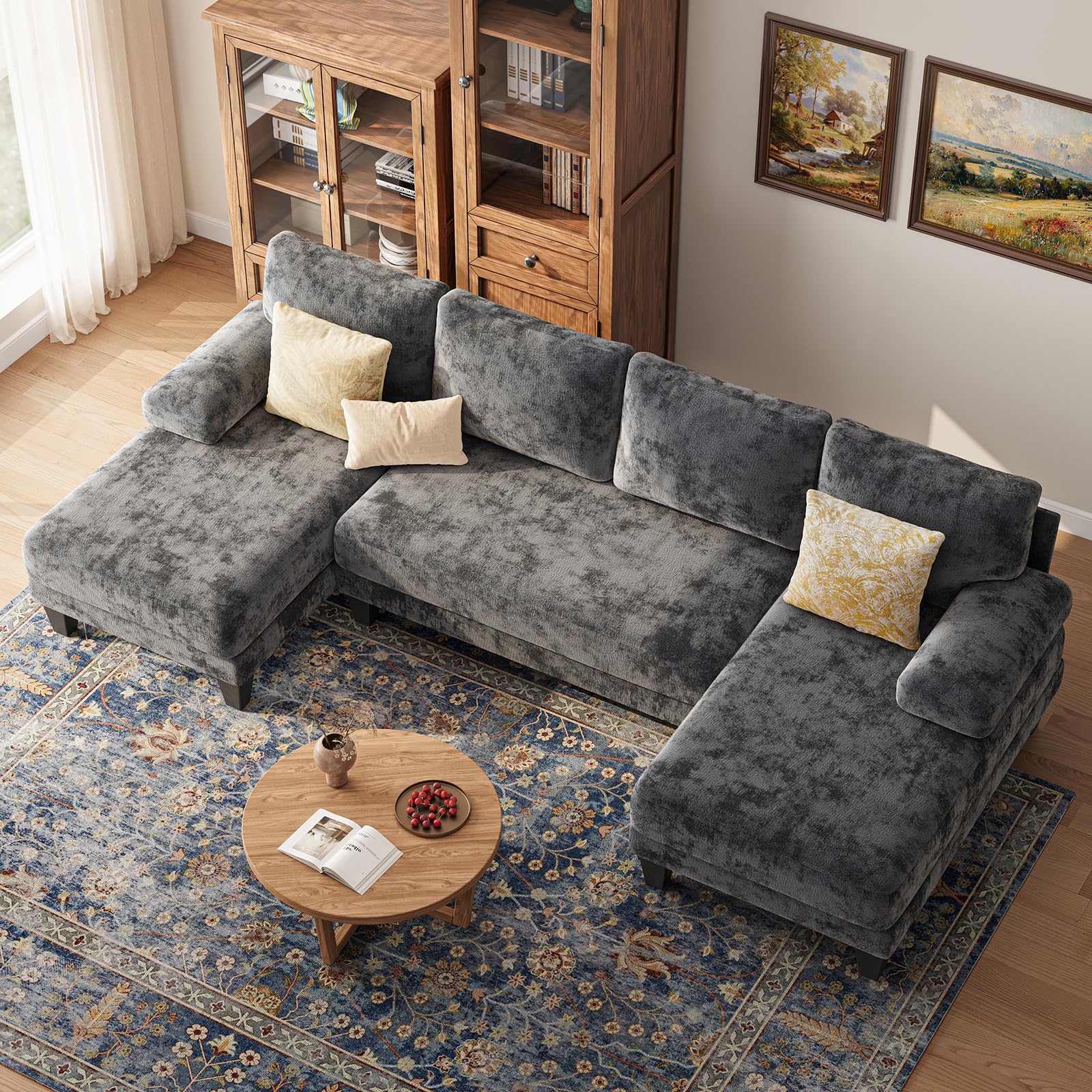 TROMIRY Sectional Couches for Living Room | 112 Inch U-Shaped Sectional Couch | 4 Seat Sofa Set with Double Chaise for Apartment | Dark Grey Chenille