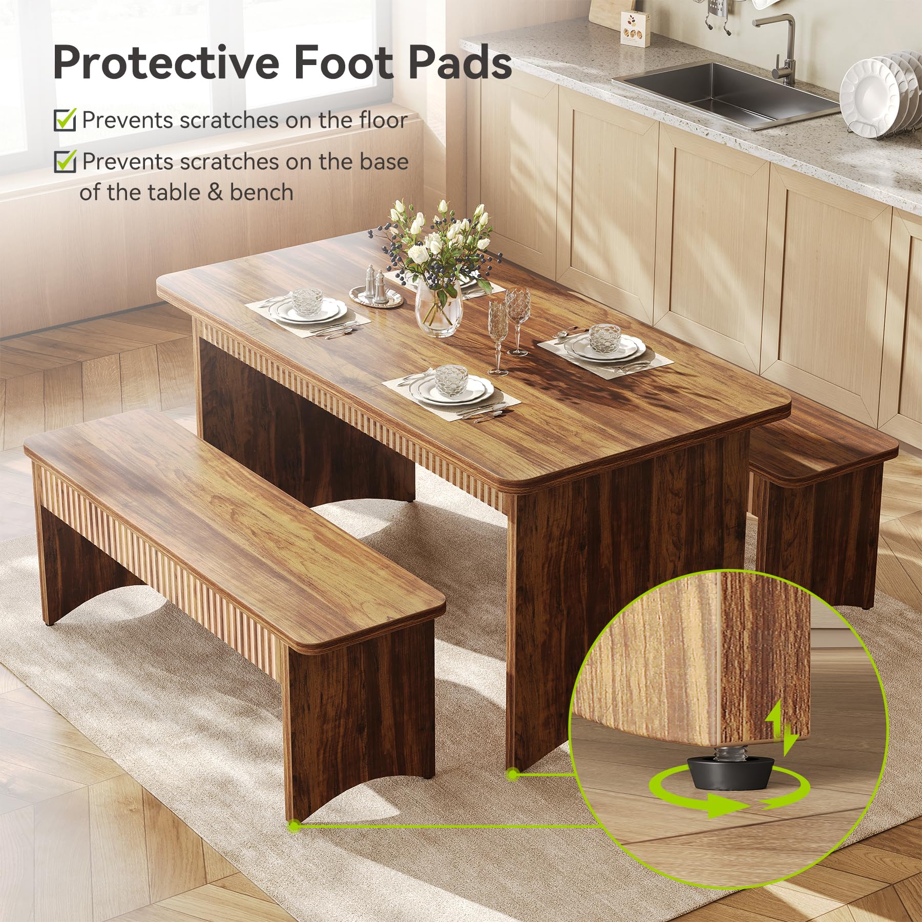 Farmhouse Dining Table Set with 2 Benches