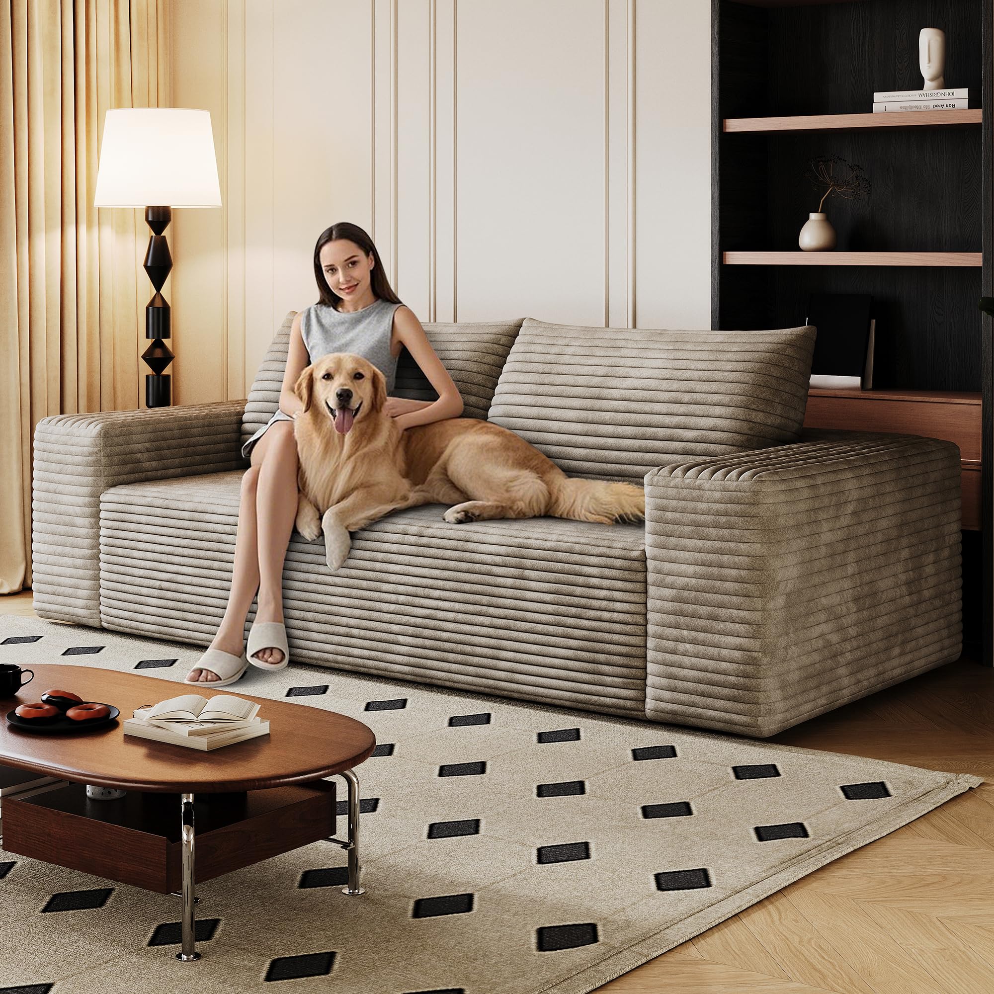 RENDGO 71" 3-Seater Love Seat Sofa,No Assembly Required, Plush Corduroy Loveseat Boneless Couch with High Cushion Backrest and Wider Armrest for Living Room Apartment Bedroom,Camel