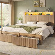 King Size Bed Frame with Storage Drawers, LED Lights & Charging Port