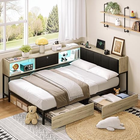 Twin L-Shaped Corner Bed Frame with Storage & LED Lights