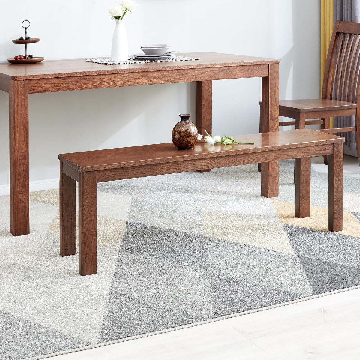 47.2" Solid Oak Wood Dining Bench, Walnut