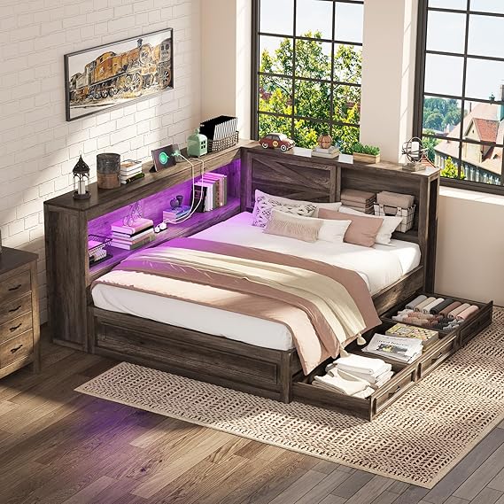 Storage Bed with Bookcase Headboard, Drawers, Charging Station & LED Lights