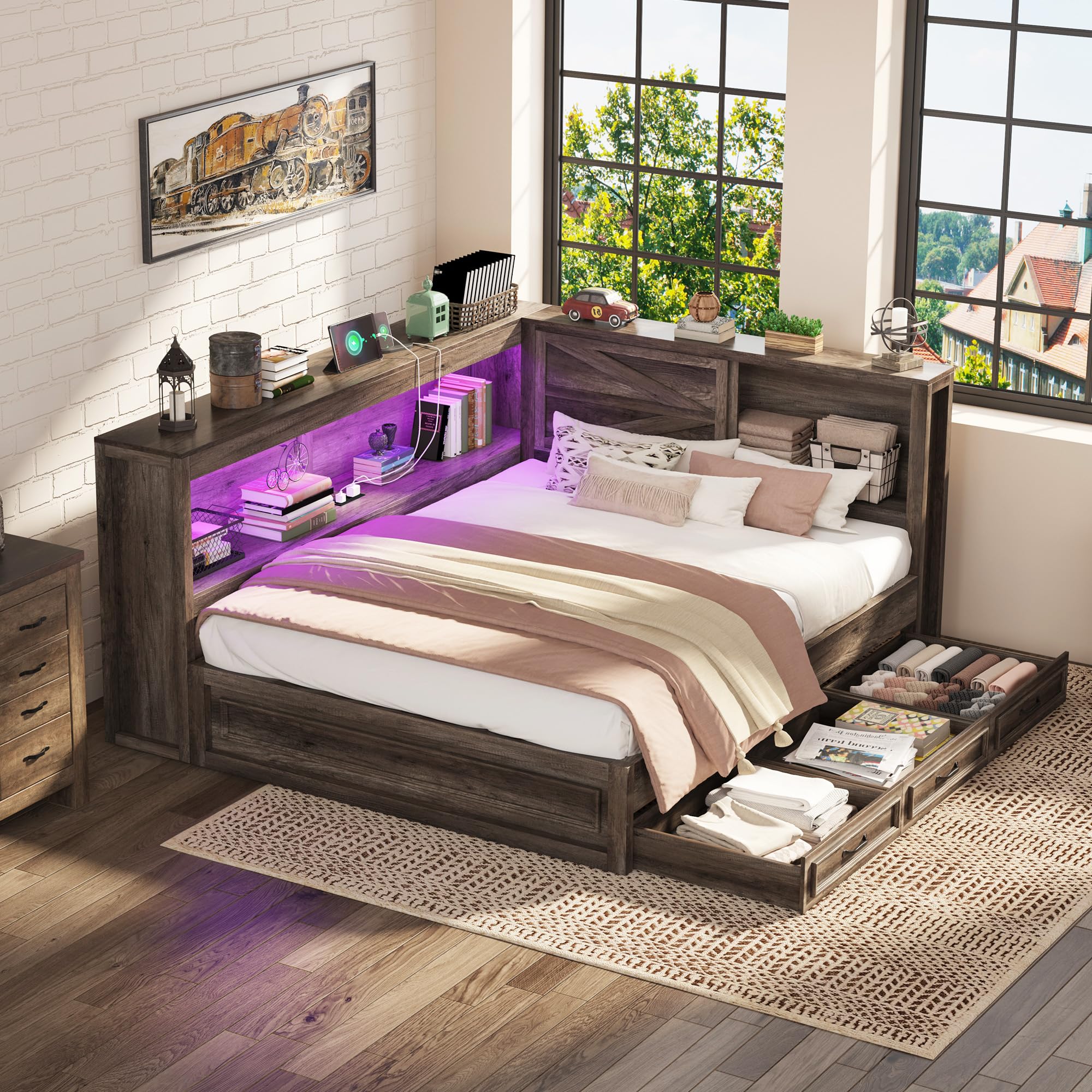 Jocisland Full Corner Bed Frame with Storage Drawers and Bookcase Headboard, Charging Station and Led Lights, Farmhouse Wood Daybed for Kids Teens, No Box Spring Needed, Grey