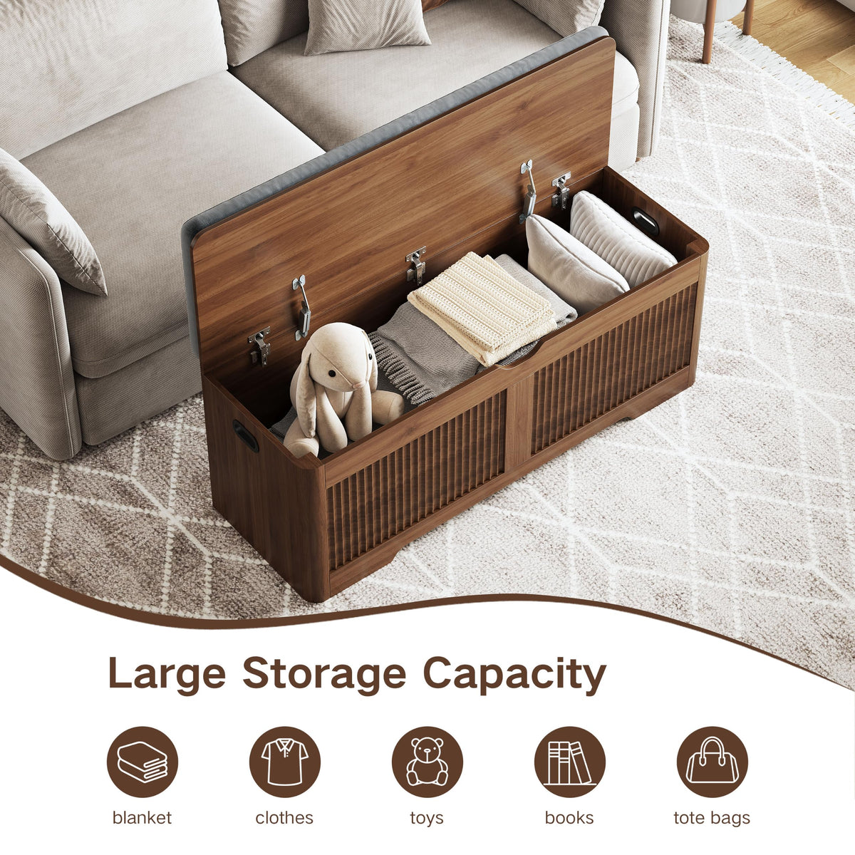 47.3"W Fluted Storage Chest with Padded Seat Cushion, Curved Profile,Walnut
