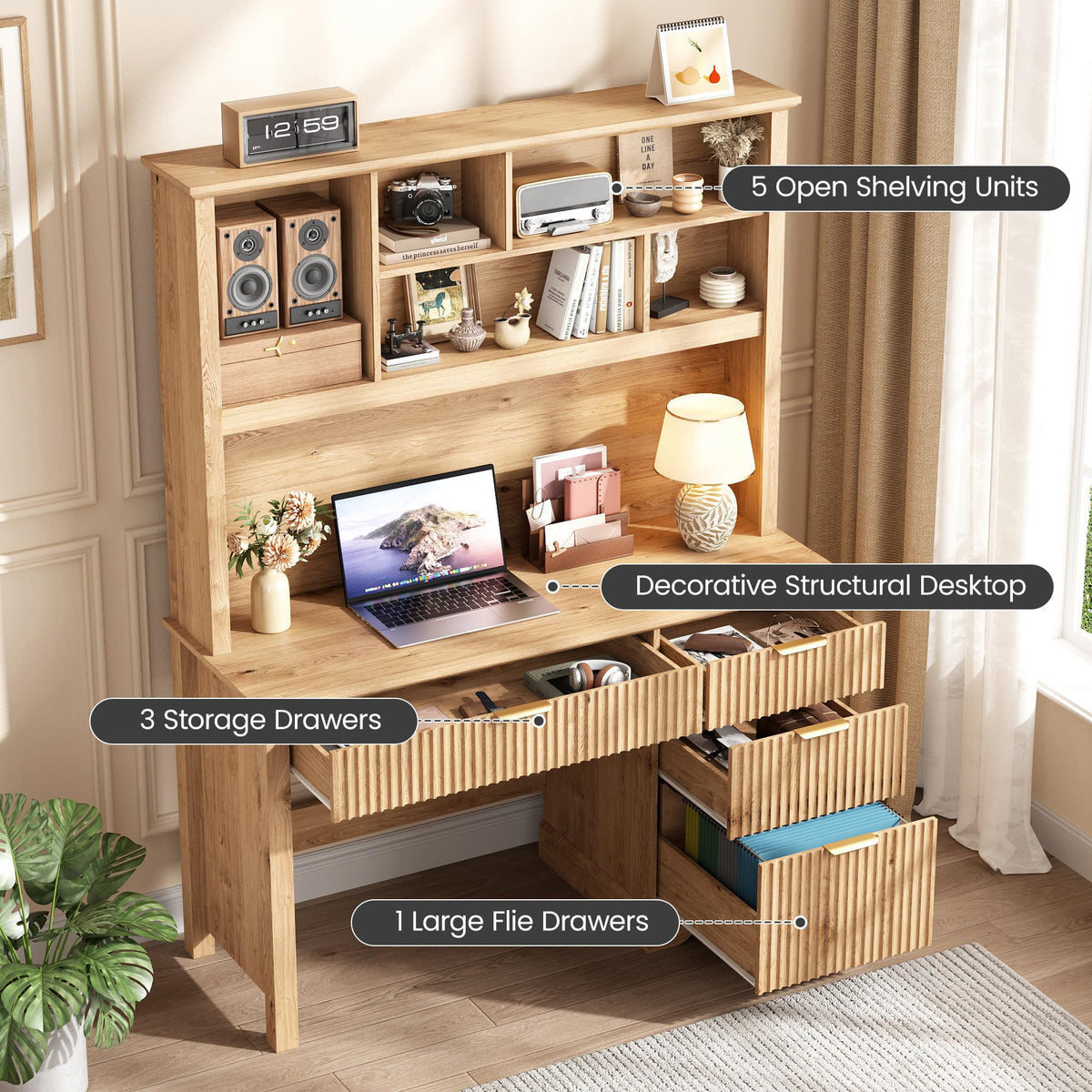 Halitaa Fluted Computer Desk with Hutch and Ample File Drawer, Natural