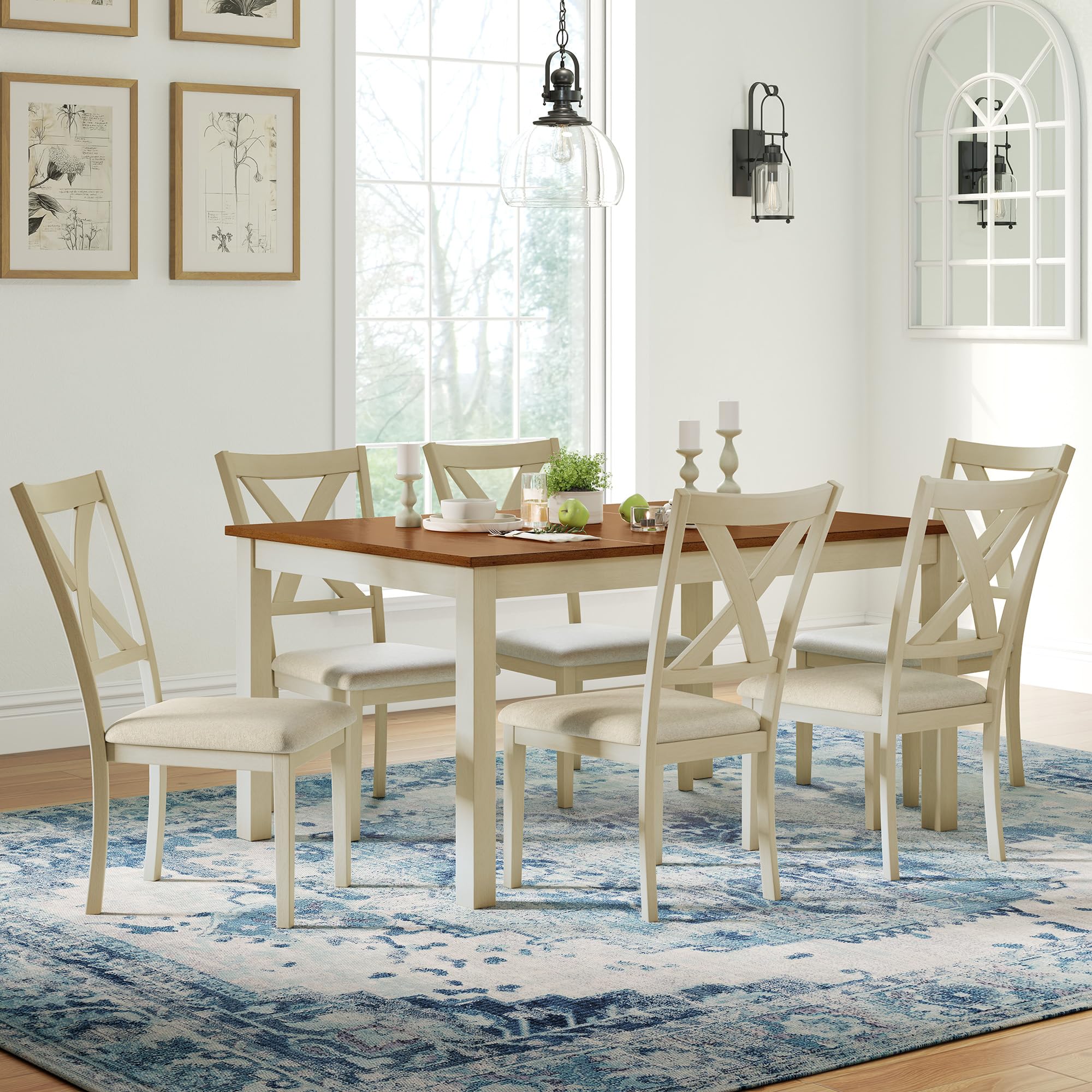 Farmhouse Solid Wood Dining Table Set with 6 Upholstered Chairs