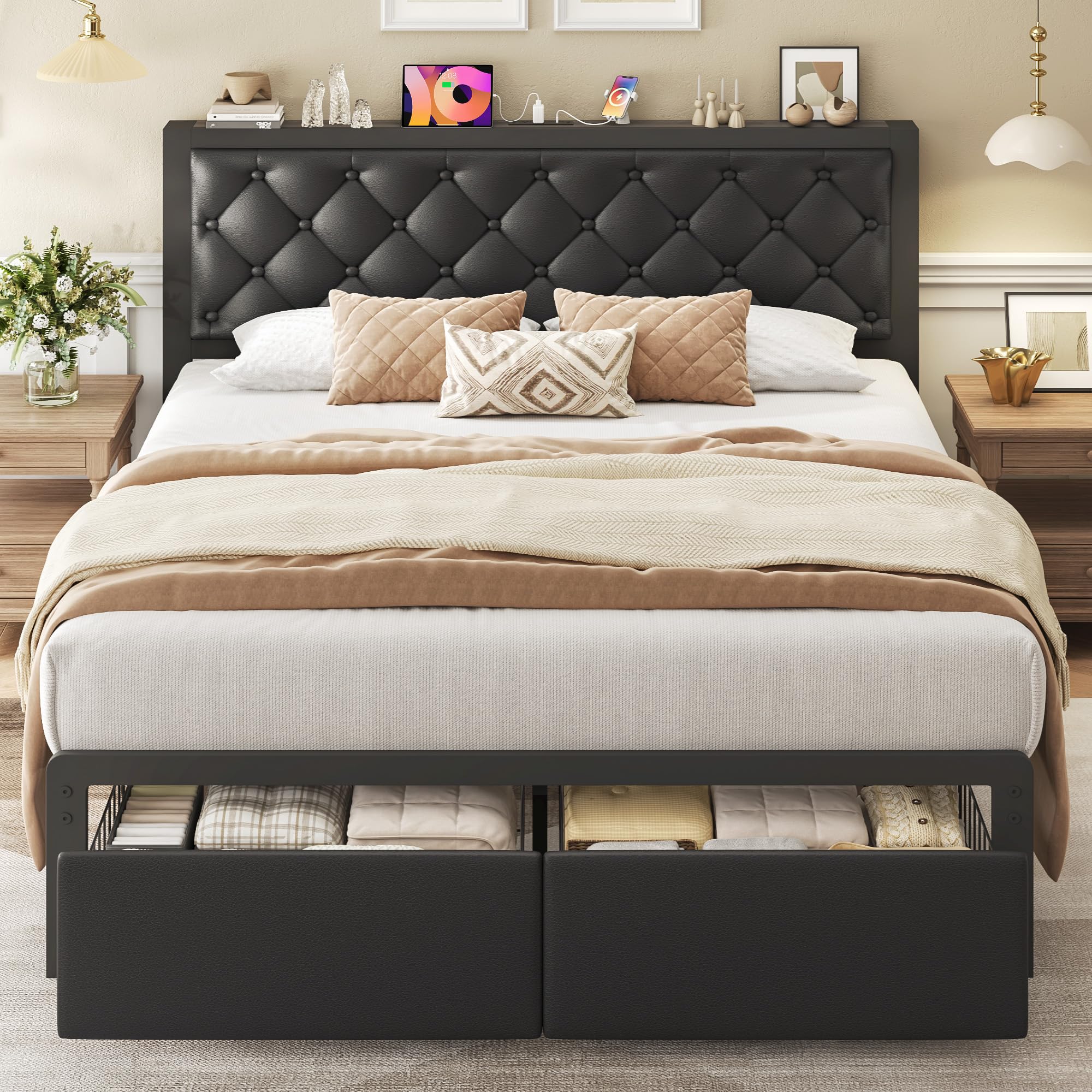 Queen Bed Frame with Storage Drawers & Charging Station