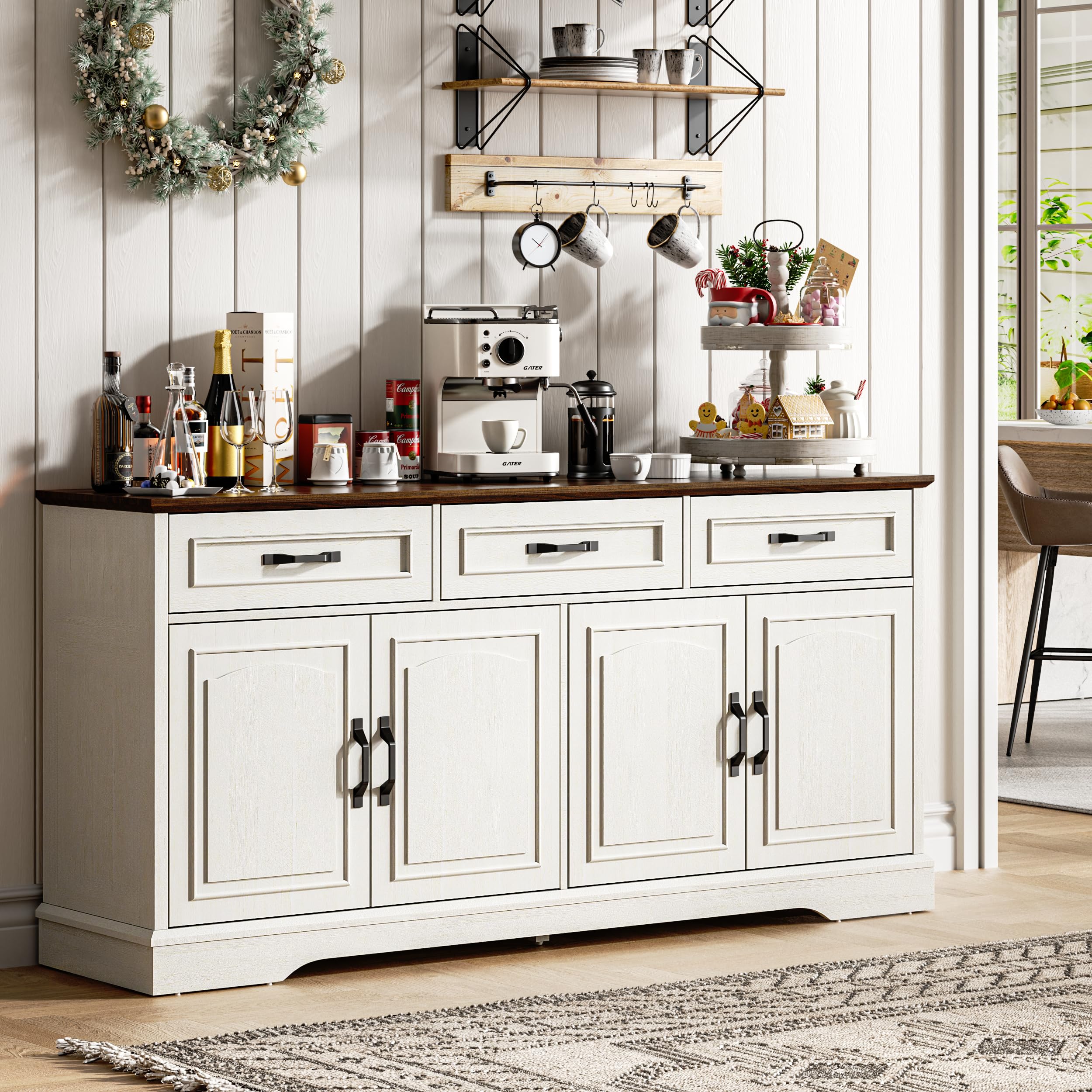 TRONLEE 66" Large Sideboard Buffet Cabinet with Storage, Farmhouse Buffet Table Coffee Bar Wine Bar Kitchen Storage Cabinet with Drawers for Dining Room, Living Room, White & Walnut