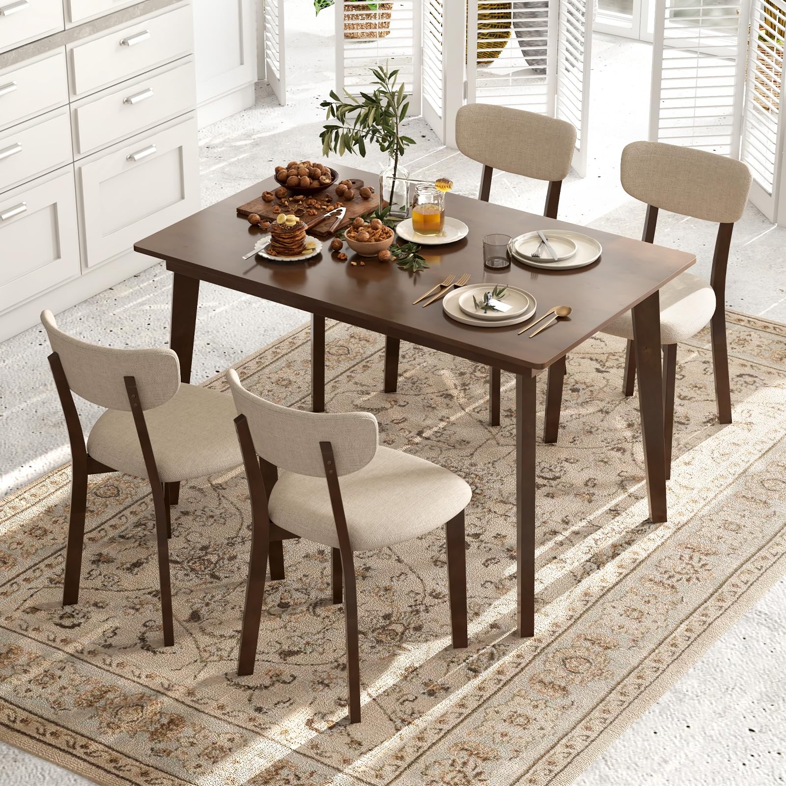 5-Piece Farmhouse Dining Table Set with 4 Upholstered Chairs