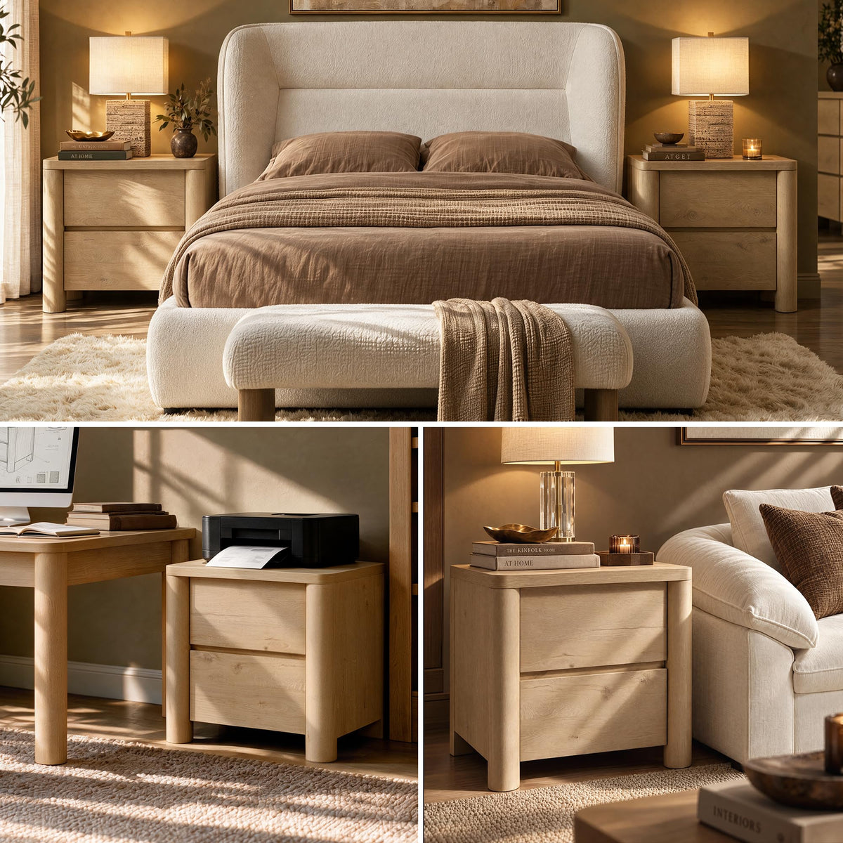 ModernMate Nightstands Set of 2, 26" Night Stand with 2 Drawers, Large Bedside Table with Thick Top, Stable Round Legs, Wood Nightstand for Bedroom Living Room End Bed Side Tables,Natural Oak