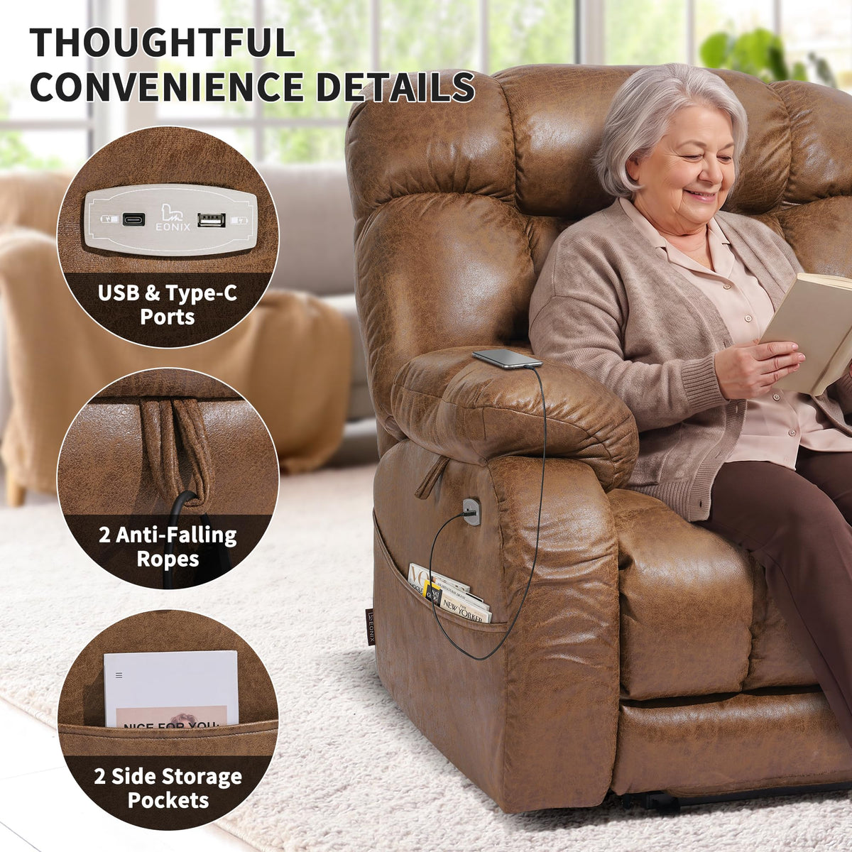 EONIX Oversized Zero Gravity Power Lift Recliner Chair Elderly, Nut Brown
