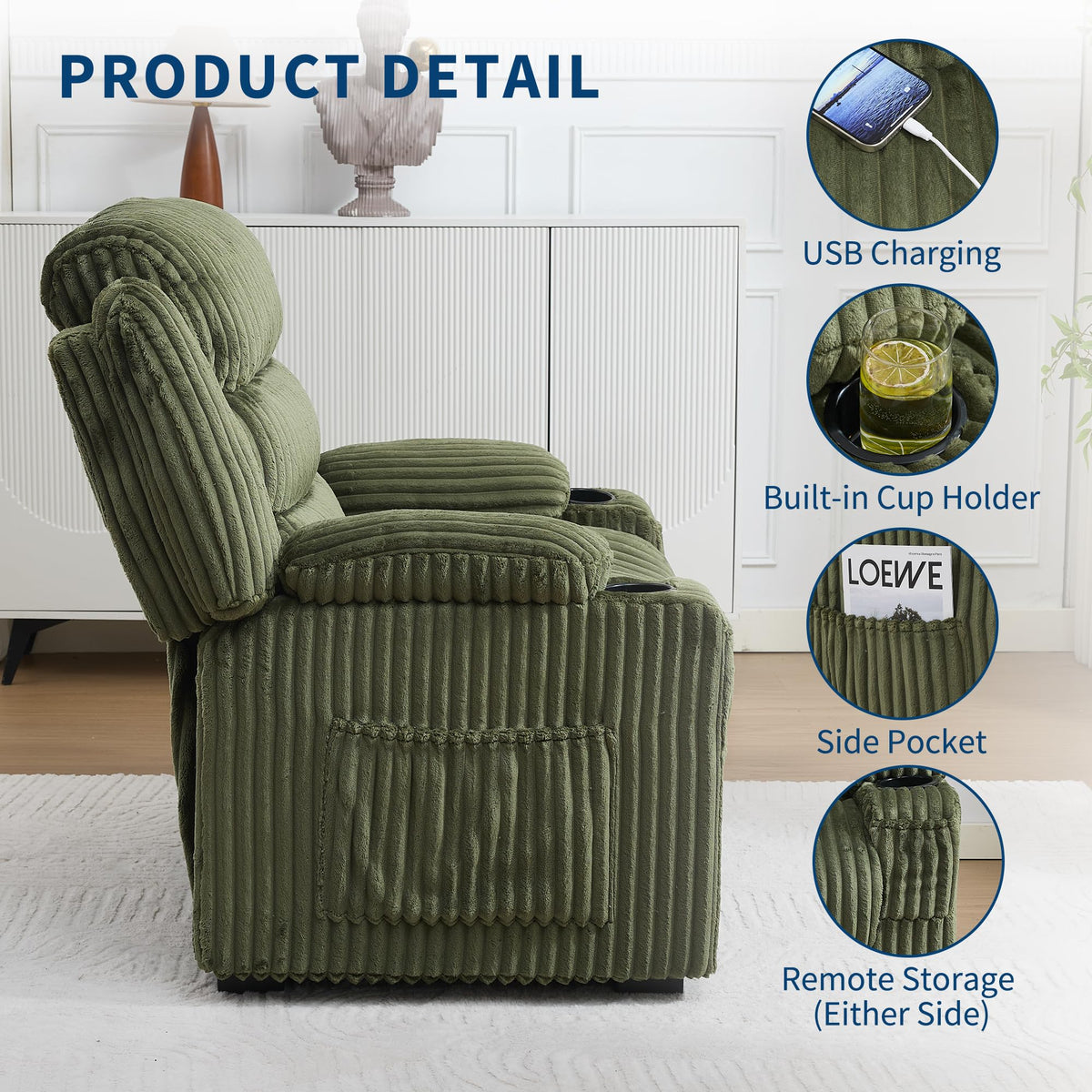 Oversized Corduroy Power Recliner