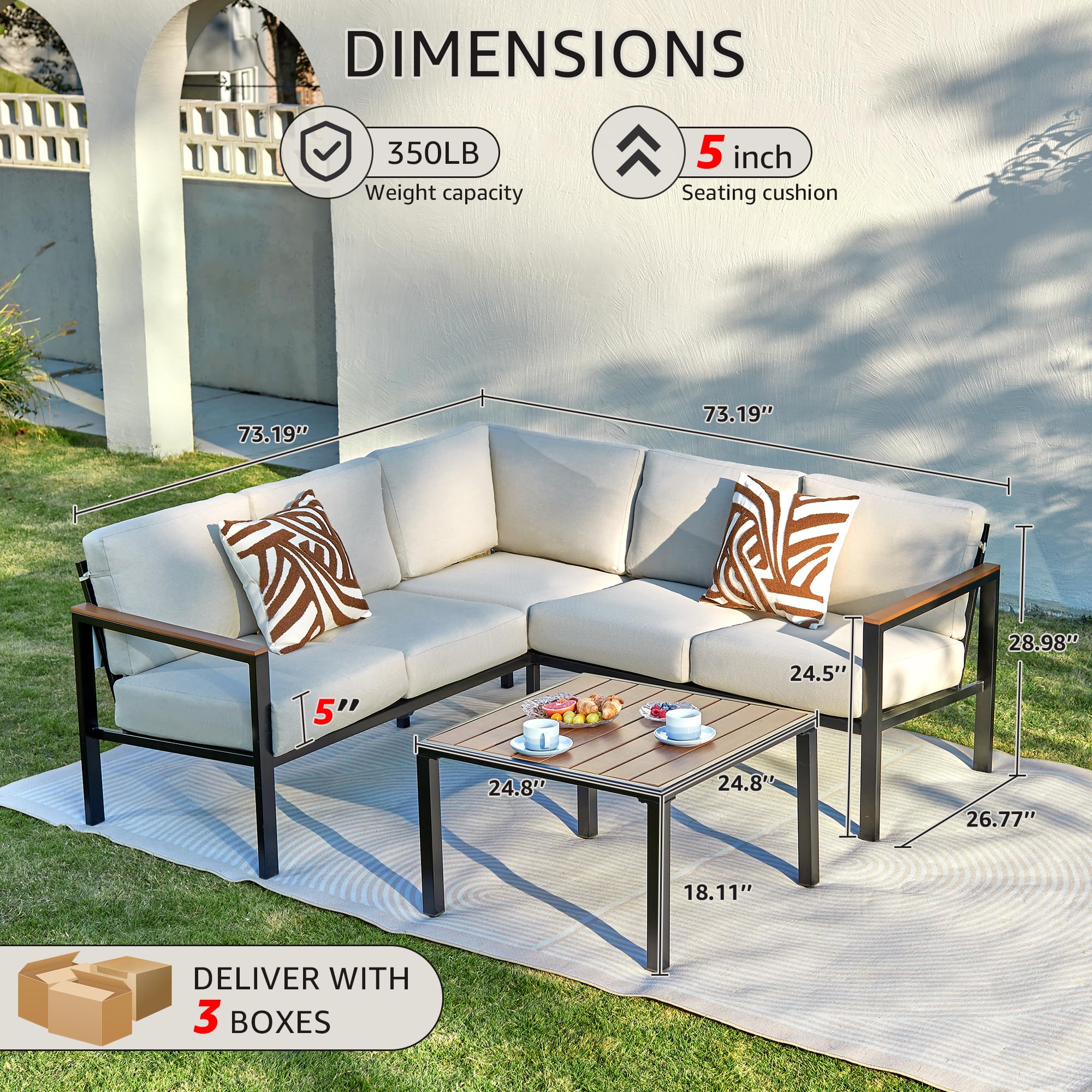 6-Piece L-Shaped Patio Sectional Set with Faux Wood Armrests & Cushions