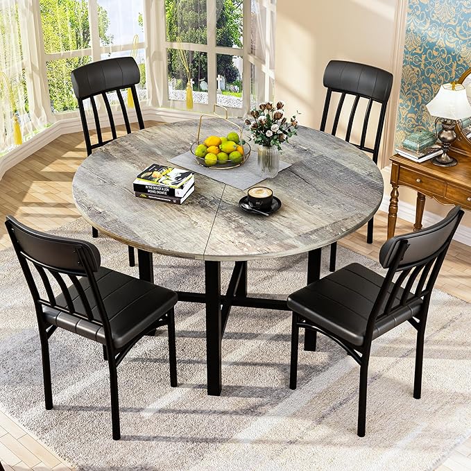 Round Dining Table Set for 4 with Faux Leather Chairs