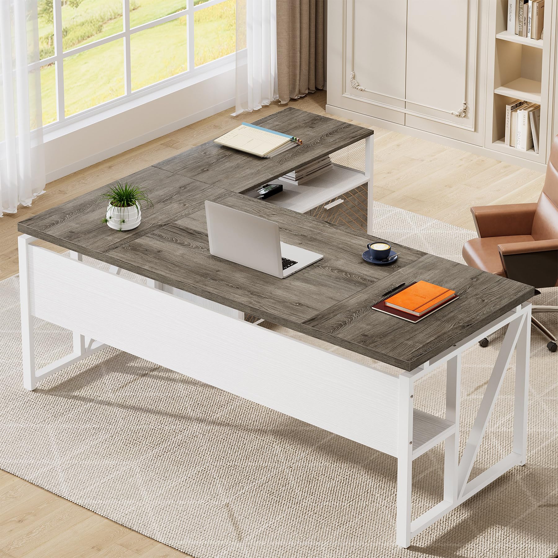 Tribesigns L-Shaped Desk with Drawers, 63" Executive Office Desk with Mobile File Cabinet and Storage Shelves, Home Office Business Furniture Set (Gray, White)