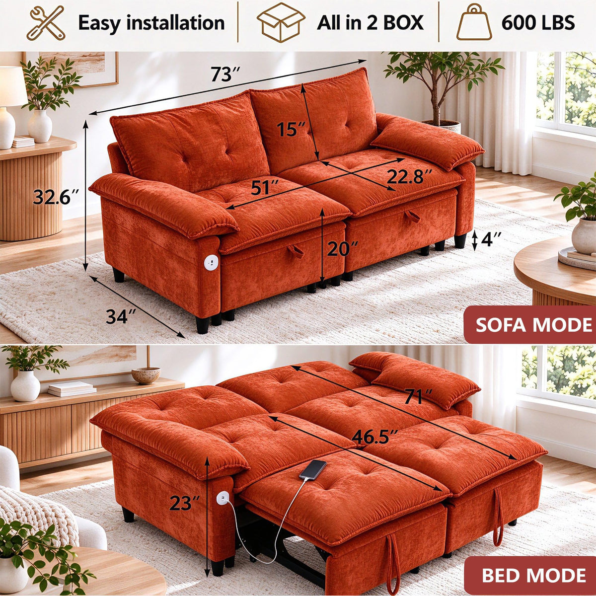 73 Inch Queen Sleeper Sofa Bed, 3 in 1 Convertible Pull Out Loveseat, Chenille Upholstered Sofa with USB Charging Ports & Side Storage Pockets, Modern Small Couch for Apartment, Living Room (Orange)