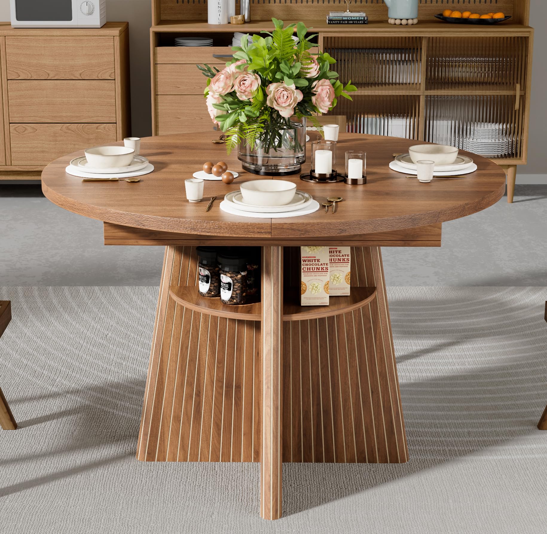 43.3in-59in Extendable Dining Room Table for 4-8, Round Expandable Kitchen Table with Fluted Base, Modern Oval Dinner Tables with 4 Storage Shelves for Kitchen Living Room (Walnut, 43.3in)