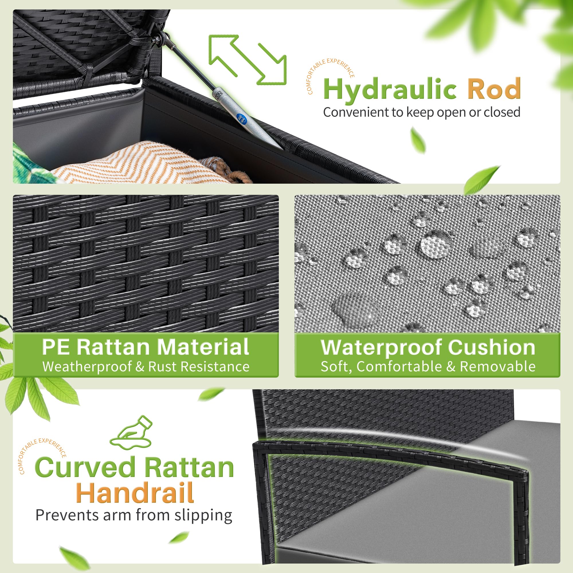 Outdoor PE Rattan Storage Bench with Cushion