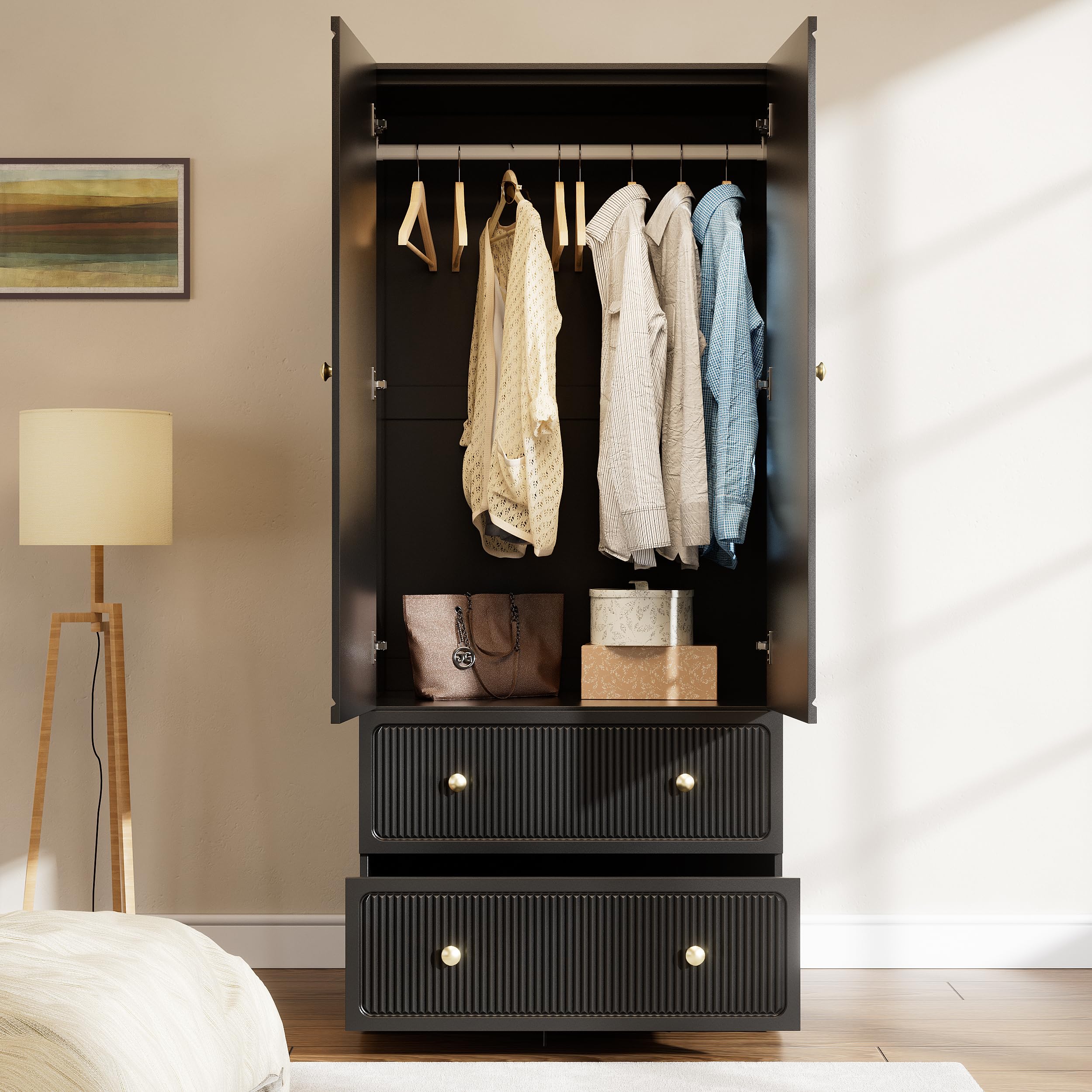 2-Door Wardrobe with Drawers & Hanging Rod