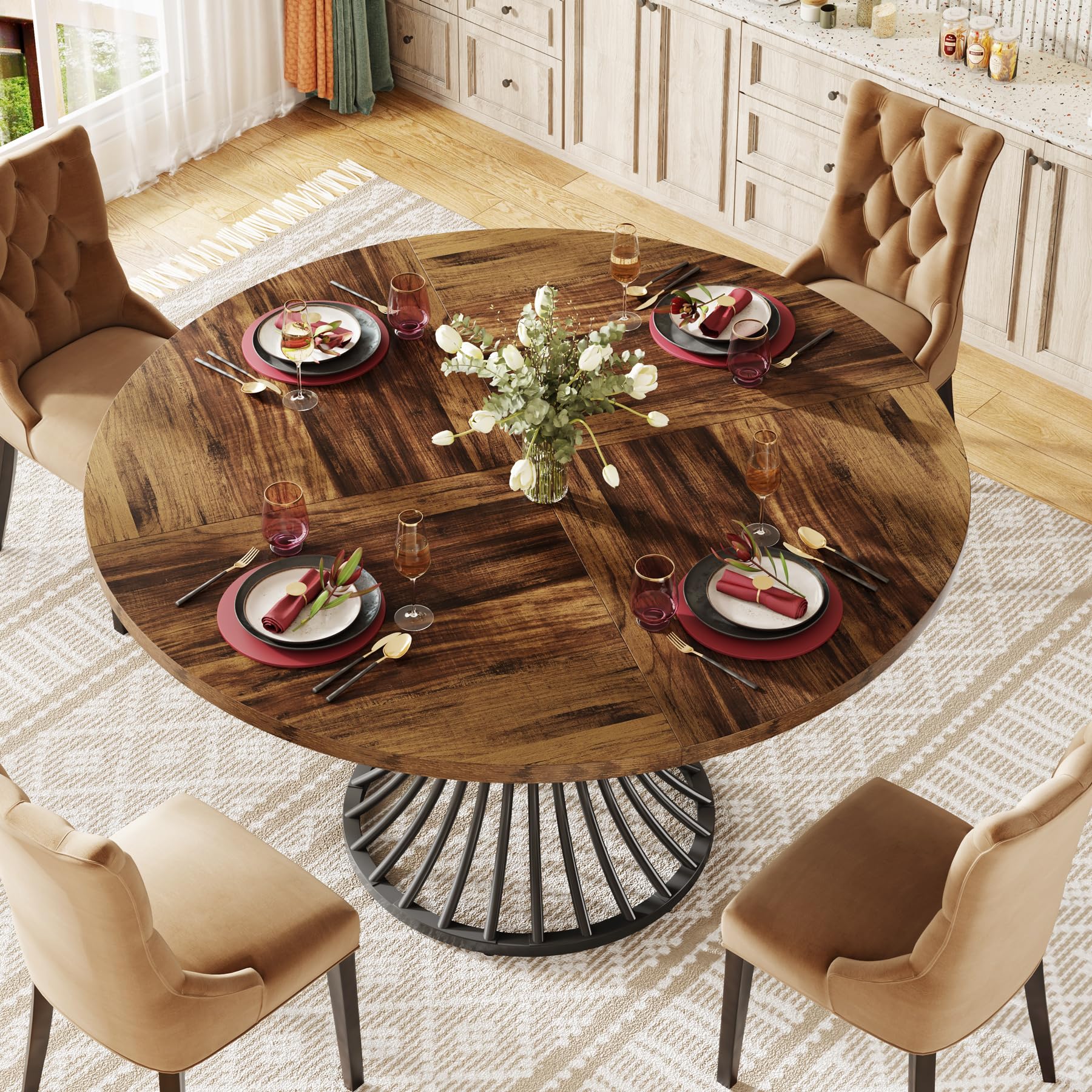 Tribesigns Round Dining Table for 4-6 People, 47-Inch Farmhouse Dinning Room Circle Kitchen Table, Industrial Dinner Table with Metal Base for Kitchen, Living Room, Black and Brown