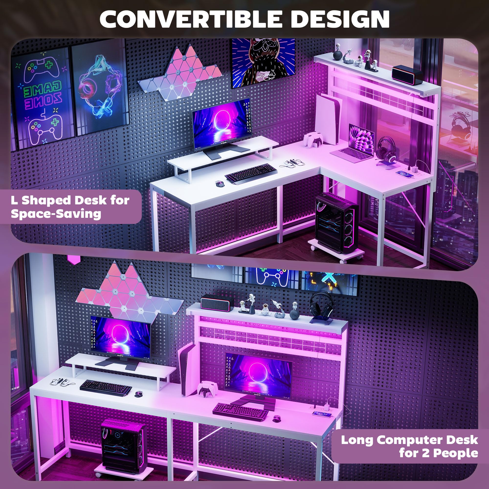 L-Shaped Gaming Desk with LED Lights & Power Outlets