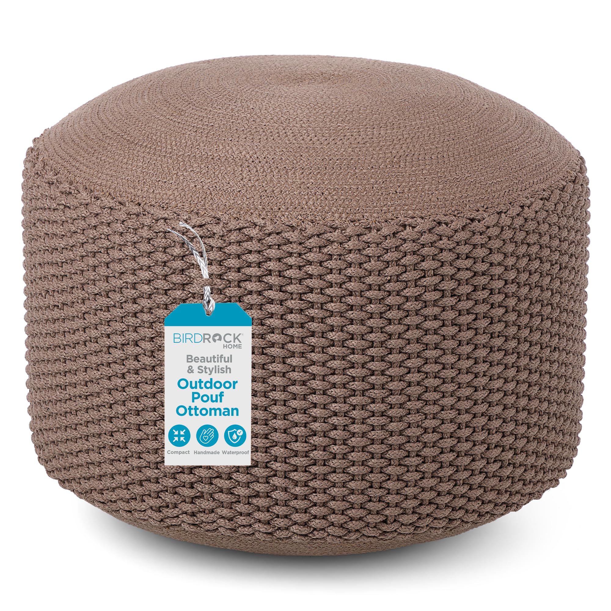 BIRDROCK HOME Outdoor Pouf Ottoman | Hand Woven Waterproof Foot Stool with Bead Bag Filling | Boho Foot Rest for Patio, Living Room, Porch & Outdoor Seating | Lightweight, Soft Stuffed Chair | Brown