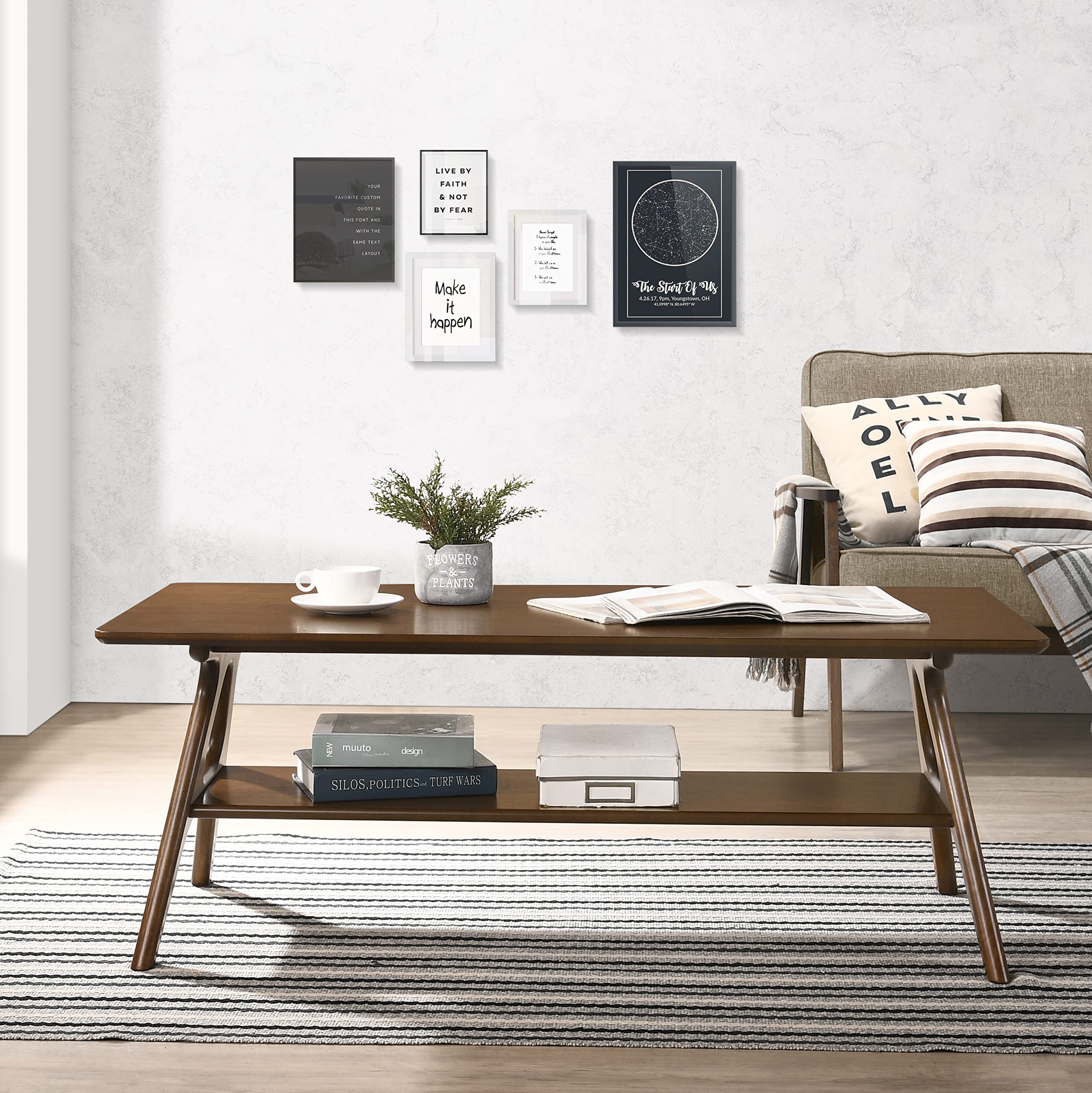 Roundhill Furniture Arona 3-Piece Coffee Table Set, Coffee Table and Two End Tables, Walnut